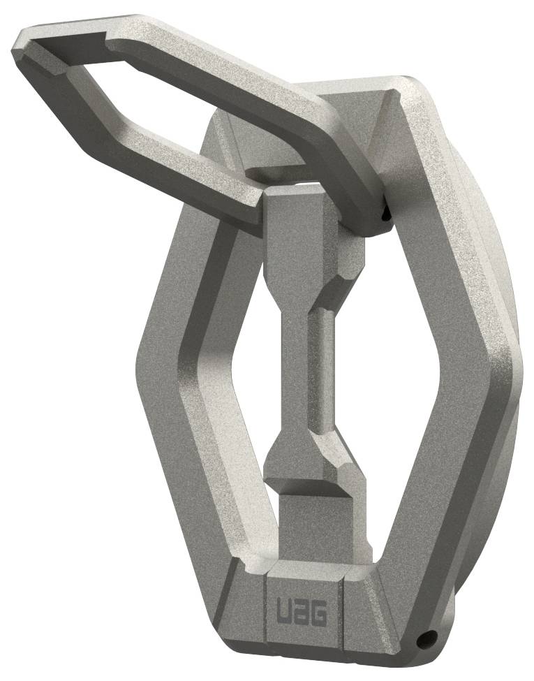 Metalowy karabińczyk w kształcie sześciokąta z logo UAG, odpowiedni do mocowania lub przenoszenia przedmiotów.