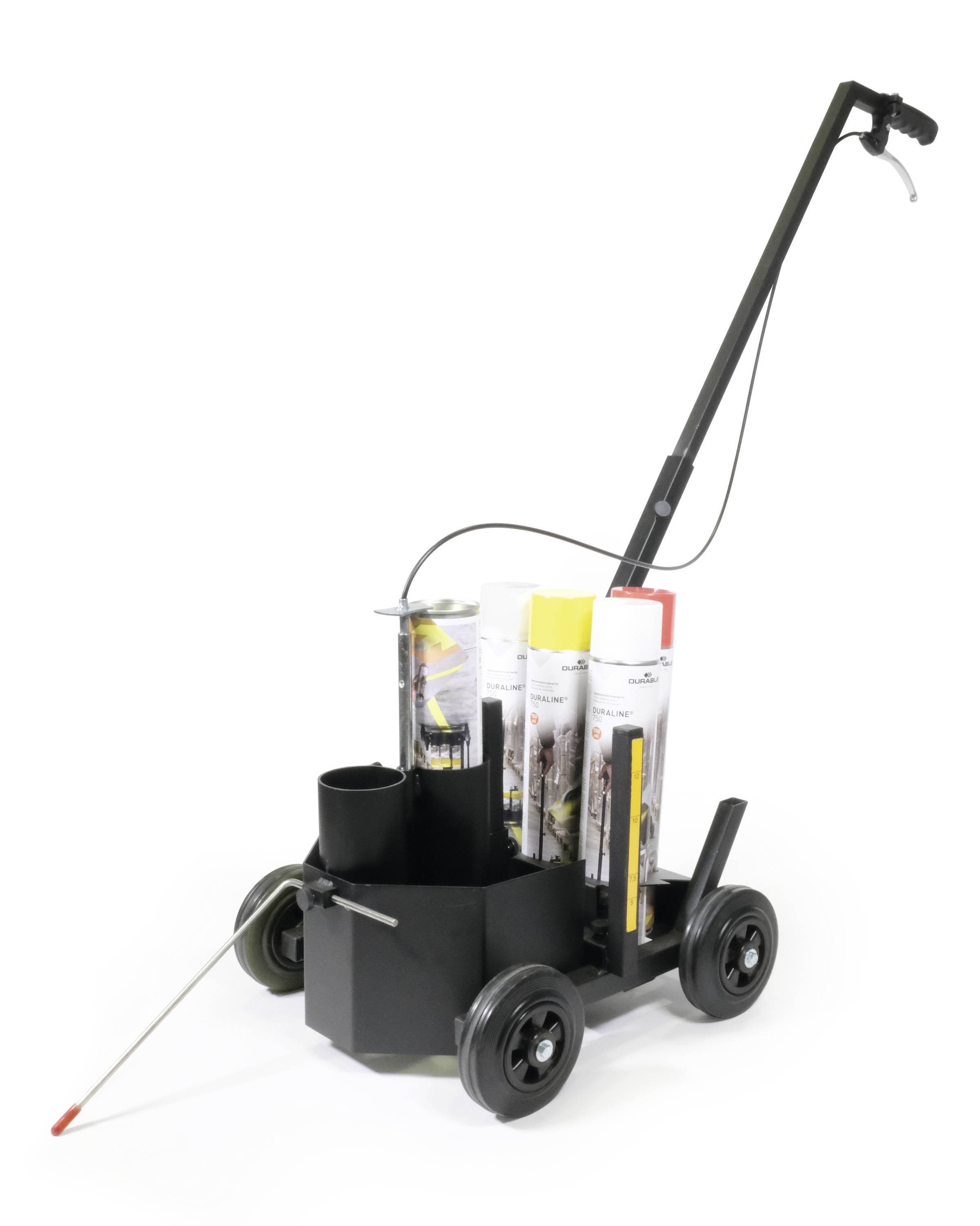 Ręcznie prowadzony wózek do znakowania z uchwytem, czterema kołami i uchwytami na kilka pojemników ze sprejem. Zaprojektowany do precyzyjnego oznaczania nawierzchni.