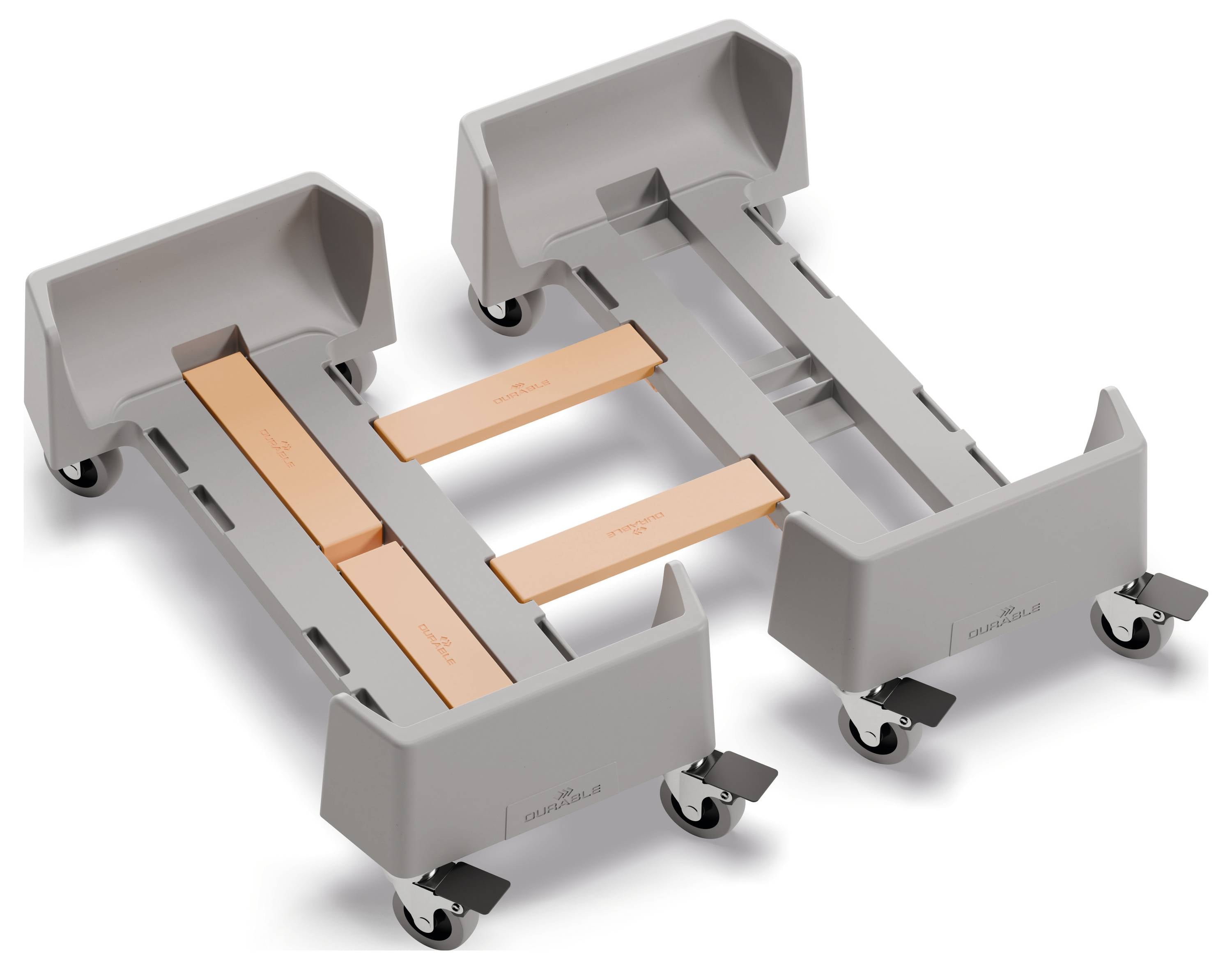 Dwa szare wózki transportowe z kółkami i pomarańczowymi wzmocnieniami, odpowiednie do bezpiecznego przewożenia dużych prostokątnych przedmiotów.
