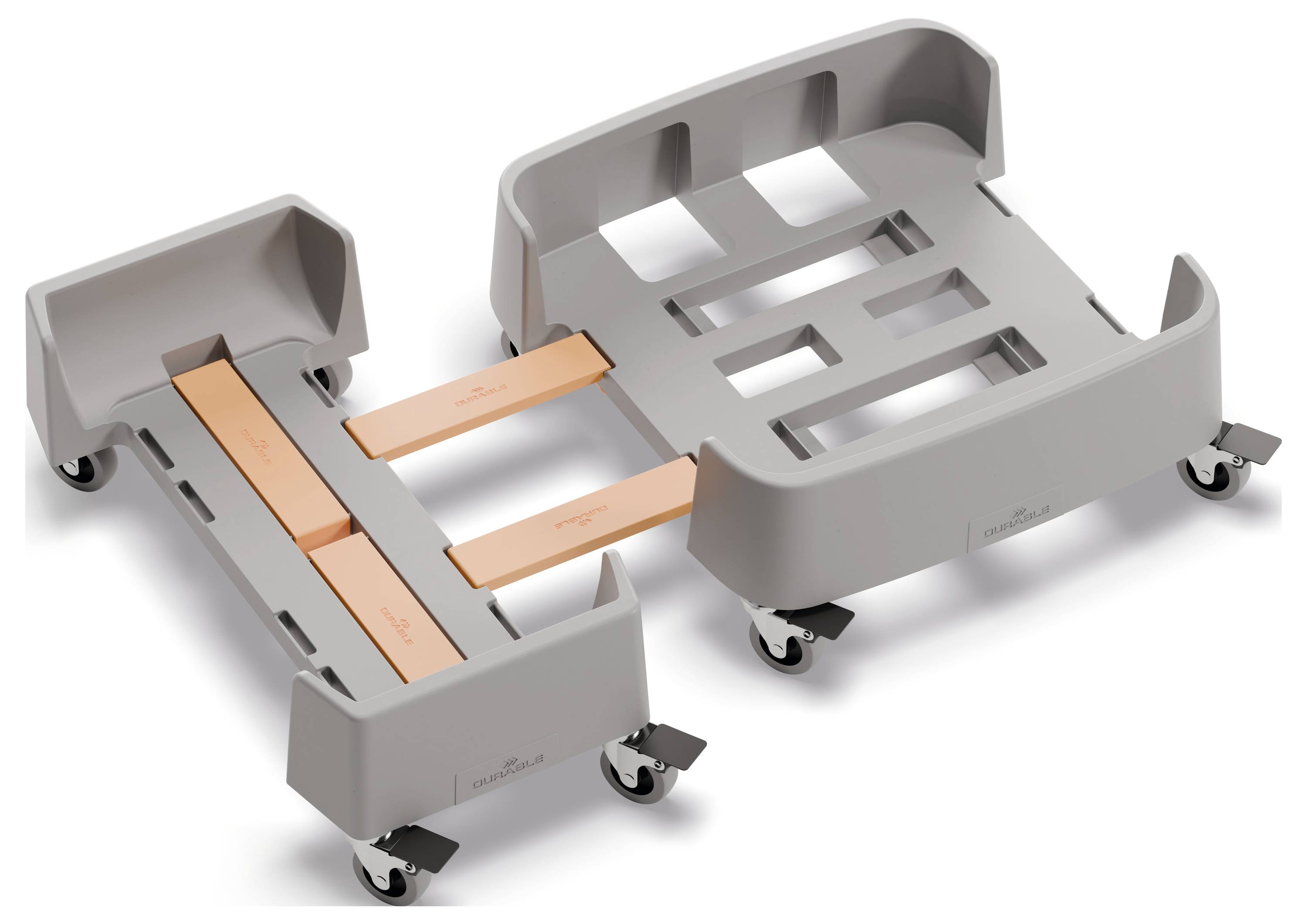 Szara, modularna platforma transportowa z czterema kółkami i dwoma pomarańczowymi elementami łączącymi pośrodku; nadająca się do przewozu.