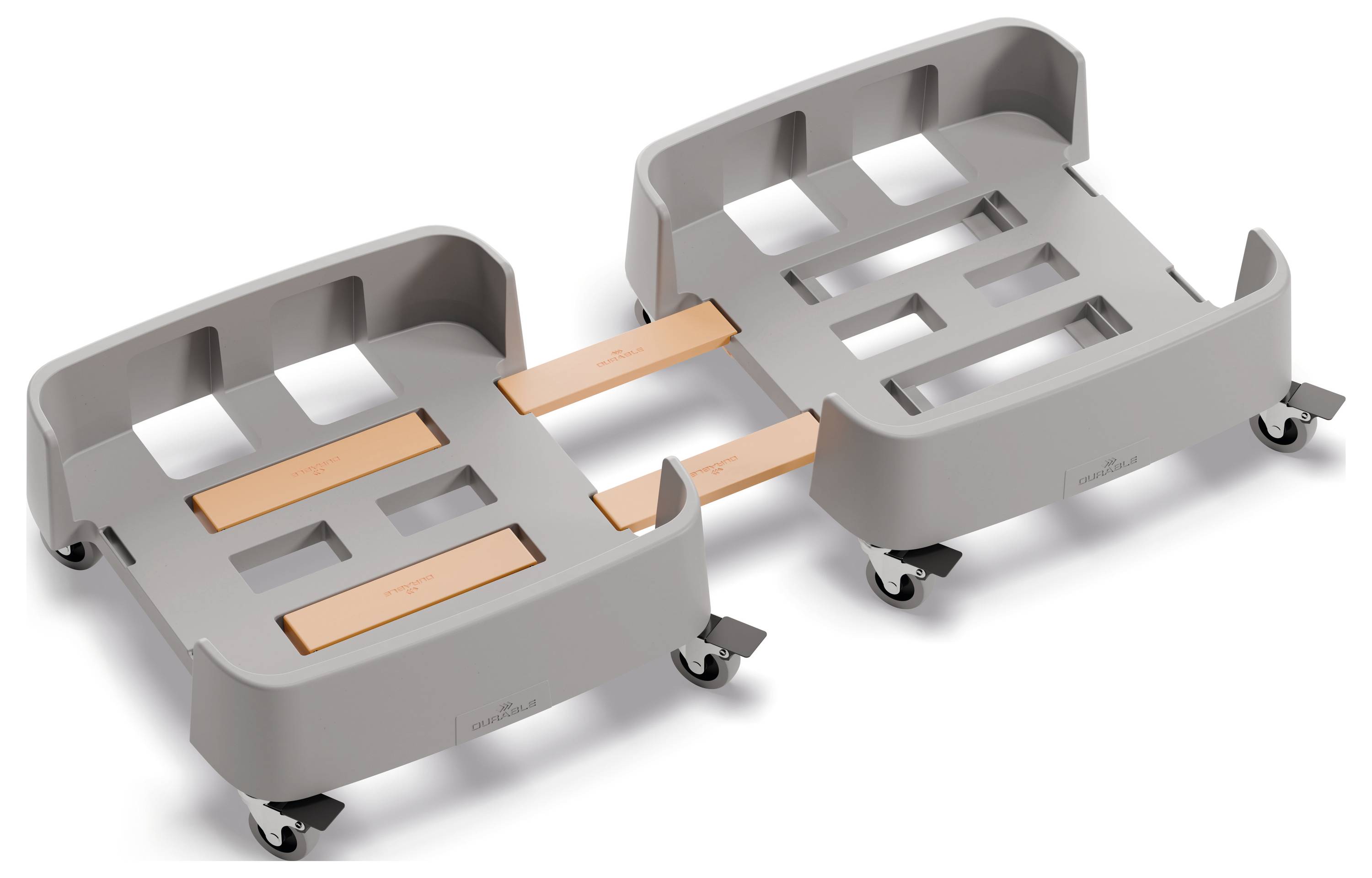 Przewoźna szara platforma na kółkach. Odpowiednia do transportu dużych przedmiotów. Elementy łączące w środku.