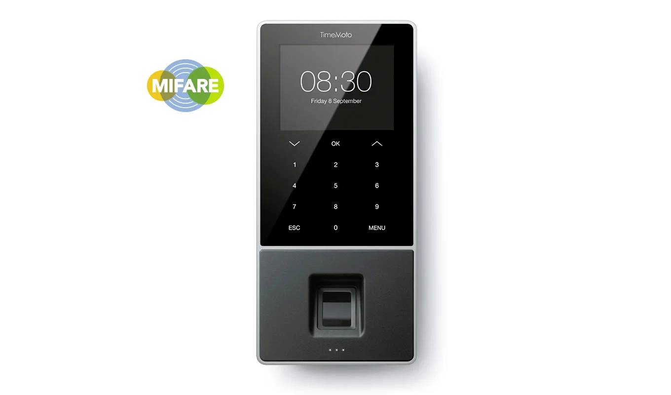 Skaner linii papilarnych z wyświetlaczem cyfrowym i klawiaturą. Wyświetla '08:30 Piątek 8 Września'. Logo MIFARE w lewym górnym rogu.
