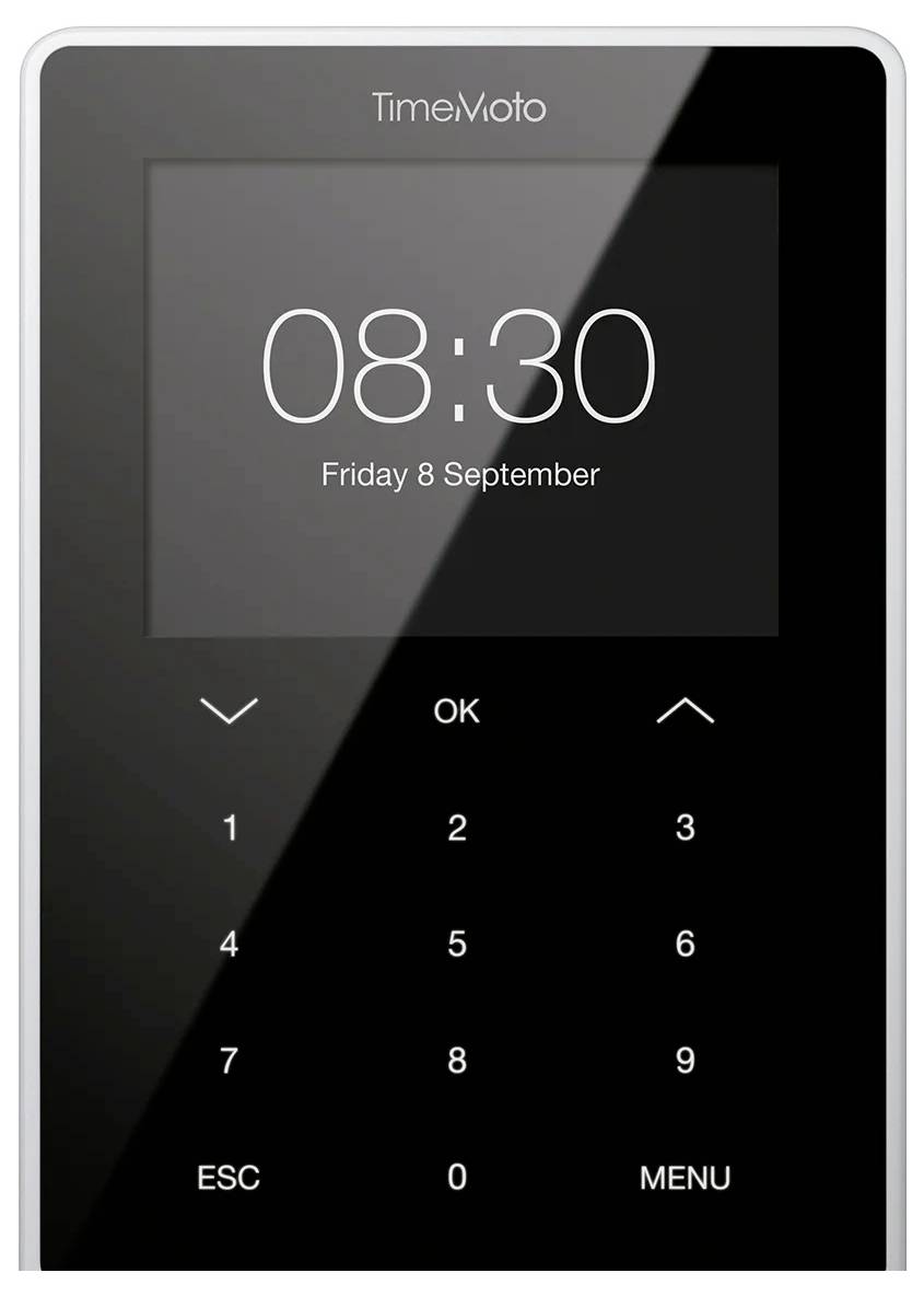Czarny cyfrowy zegarek z klawiszami numerycznymi wyświetla godzinę '08:30' oraz datę 'Piątek, 8 września'.