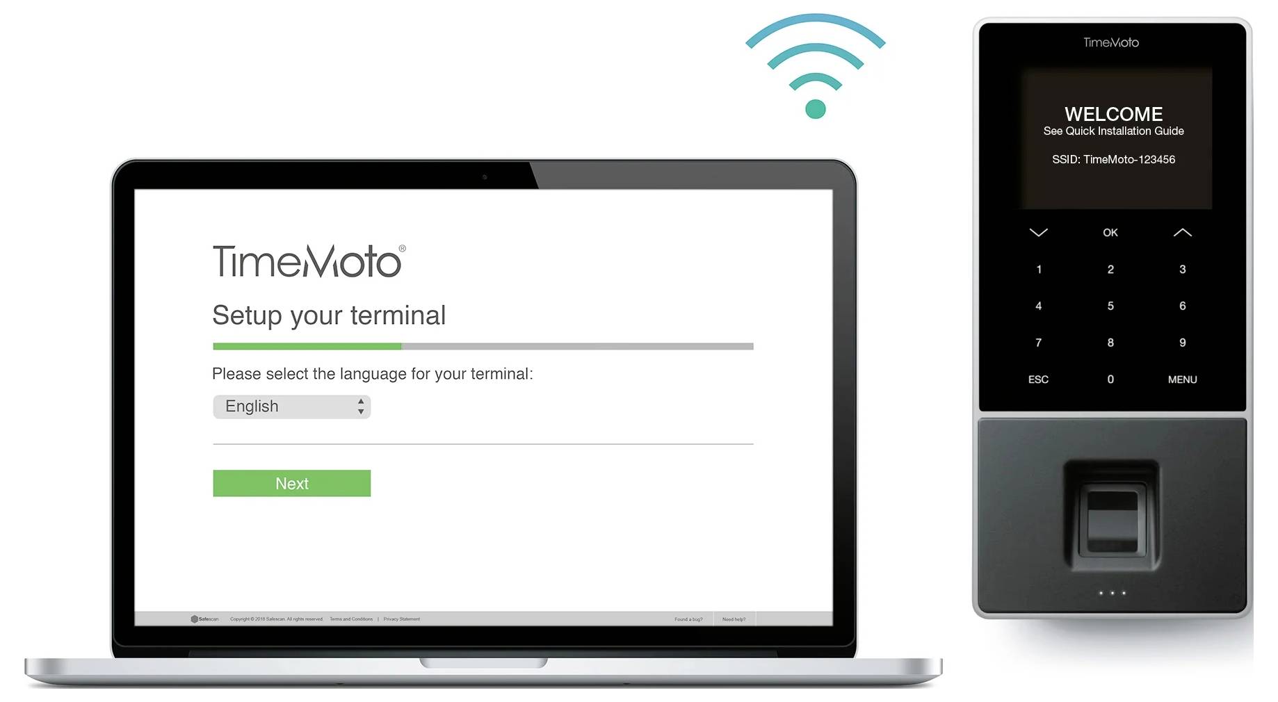 Urządzenie 'TimeMoto' wyświetla 'WITAMY', podłączone do laptopa. Ekran laptopa pyta o wybór preferowanego języka.