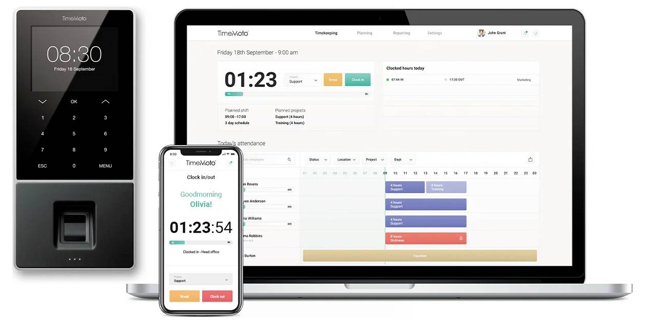 Laptop, smartfon i urządzenie pomiarowe wyświetlają oprogramowanie do ewidencji czasu pracy z funkcjami wprowadzania godzin i kontroli obecności.