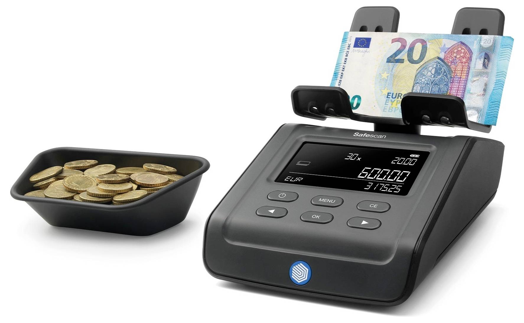 Licznik przelicza stos banknotów 20-euro. Obok znajduje się miska z monetami euro. Główna funkcja: liczenie pieniędzy.