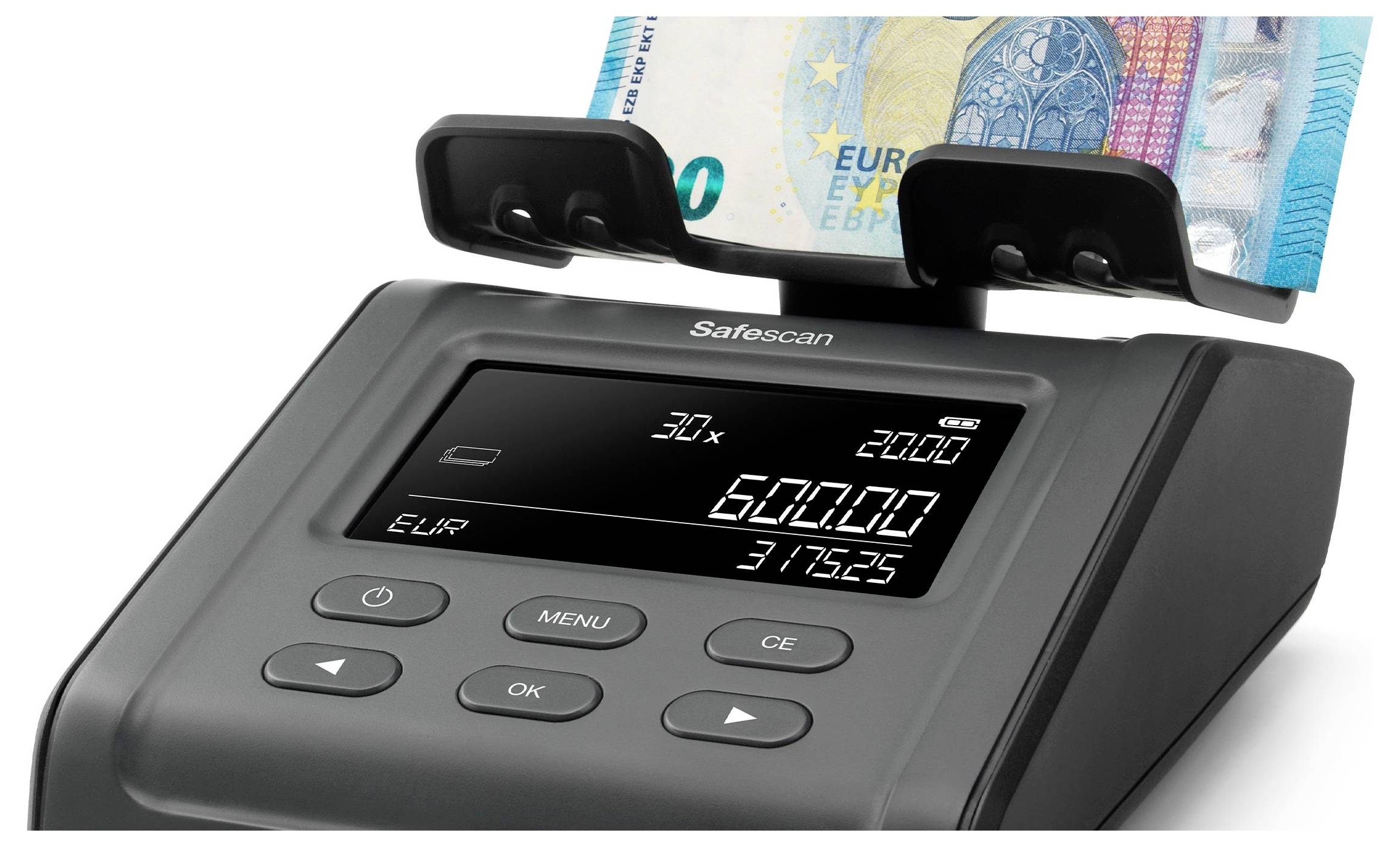 Elektroniczne urządzenie do liczenia pieniędzy zlicza banknoty euro. Na wyświetlaczu widać: '30x', '600,00 EUR'. Widoczne są przyciski menu i OK.