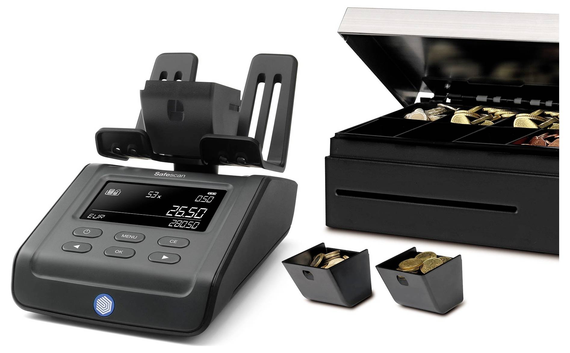 Liczarka monet z wyświetlaczem cyfrowym pokazuje wartość i liczbę policzonych monet. Obok niej znajduje się otwarta szuflada na monety.