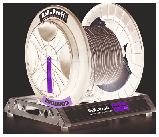 Szpula kabelki oznaczona „Contour" i „Roll...Profis" na statywie, zaprojektowana do łatwego rozwijania kabla.