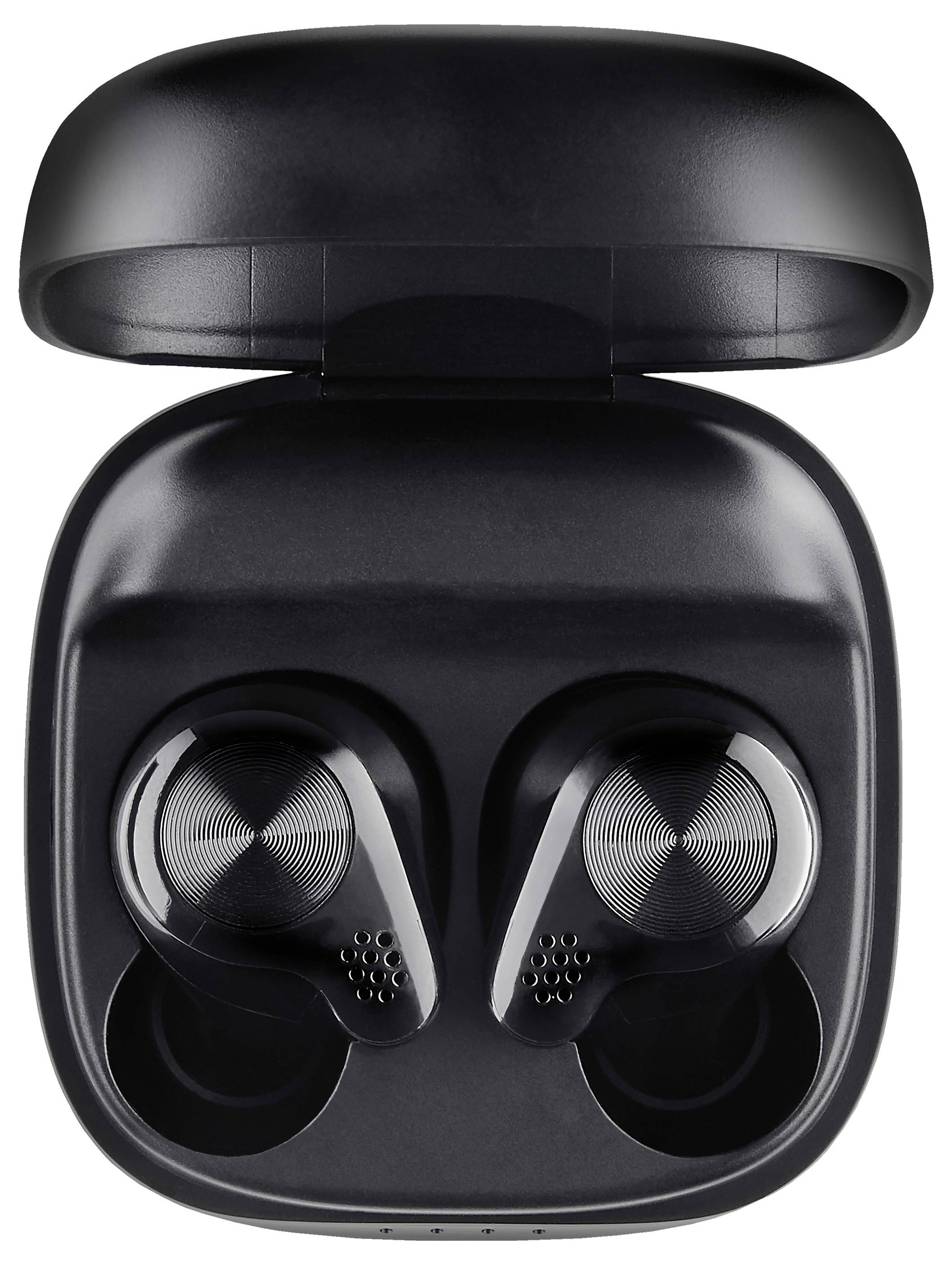 Para czarnych bezprzewodowych słuchawek dousznych w otwartym etui ładującym, sfotografowanych z góry.