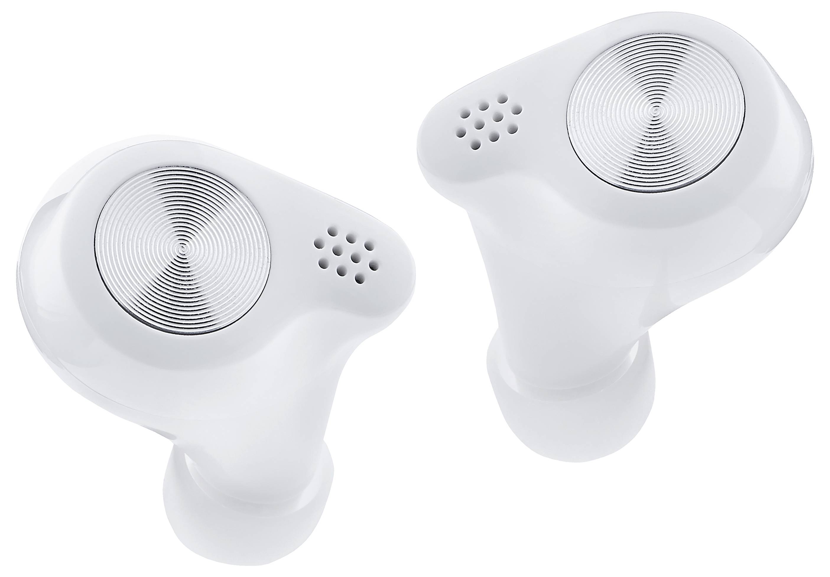 Dwa bezprzewodowe białe słuchawki douszne z nowoczesnymi, okrągłymi kratkami głośników i gładką powierzchnią, widziane z góry.