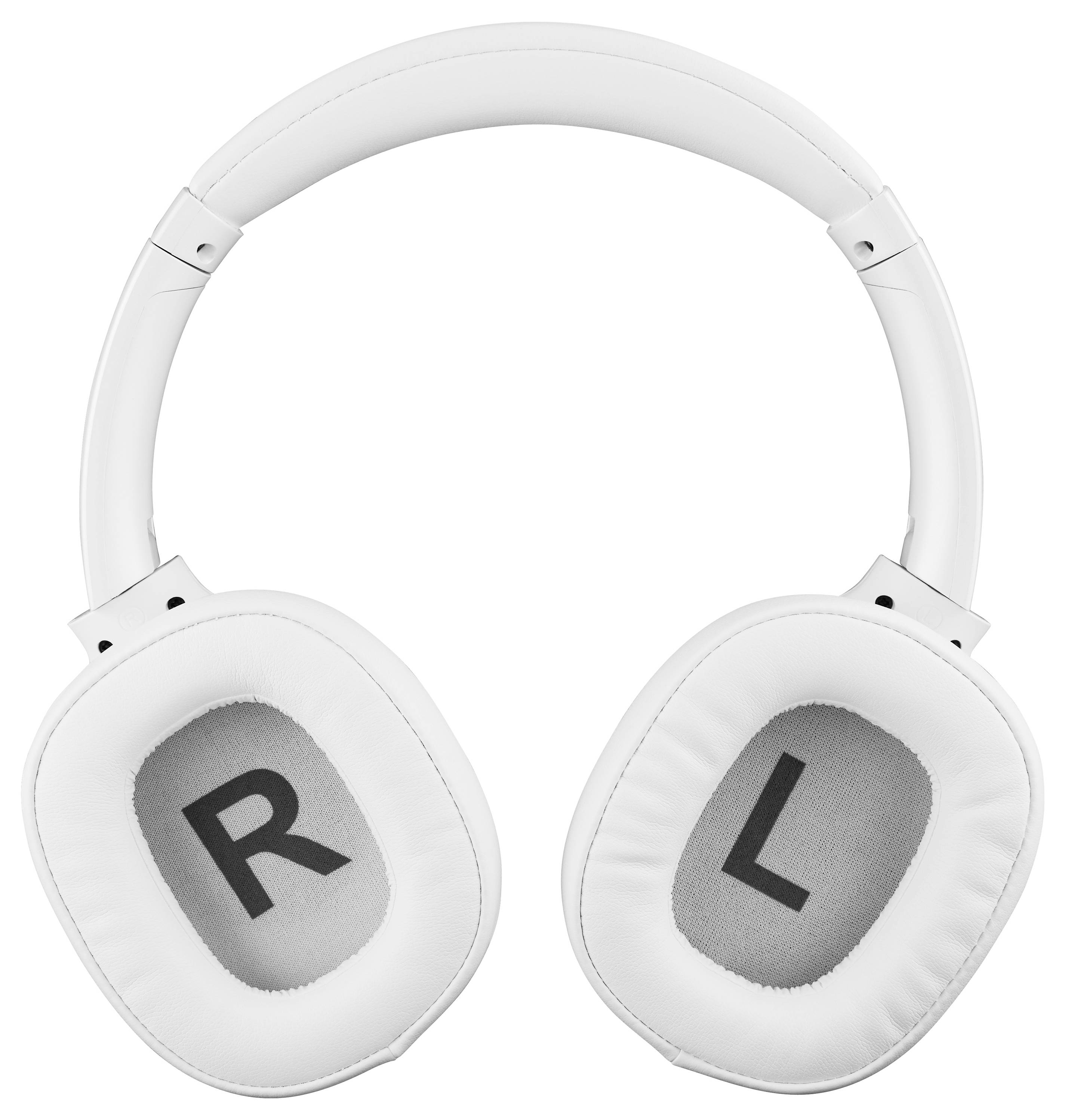 Białe słuchawki nauszne z literami 'R' i 'L' na muszlach oznaczającymi odpowiednio prawy i lewy kanał dźwięku.