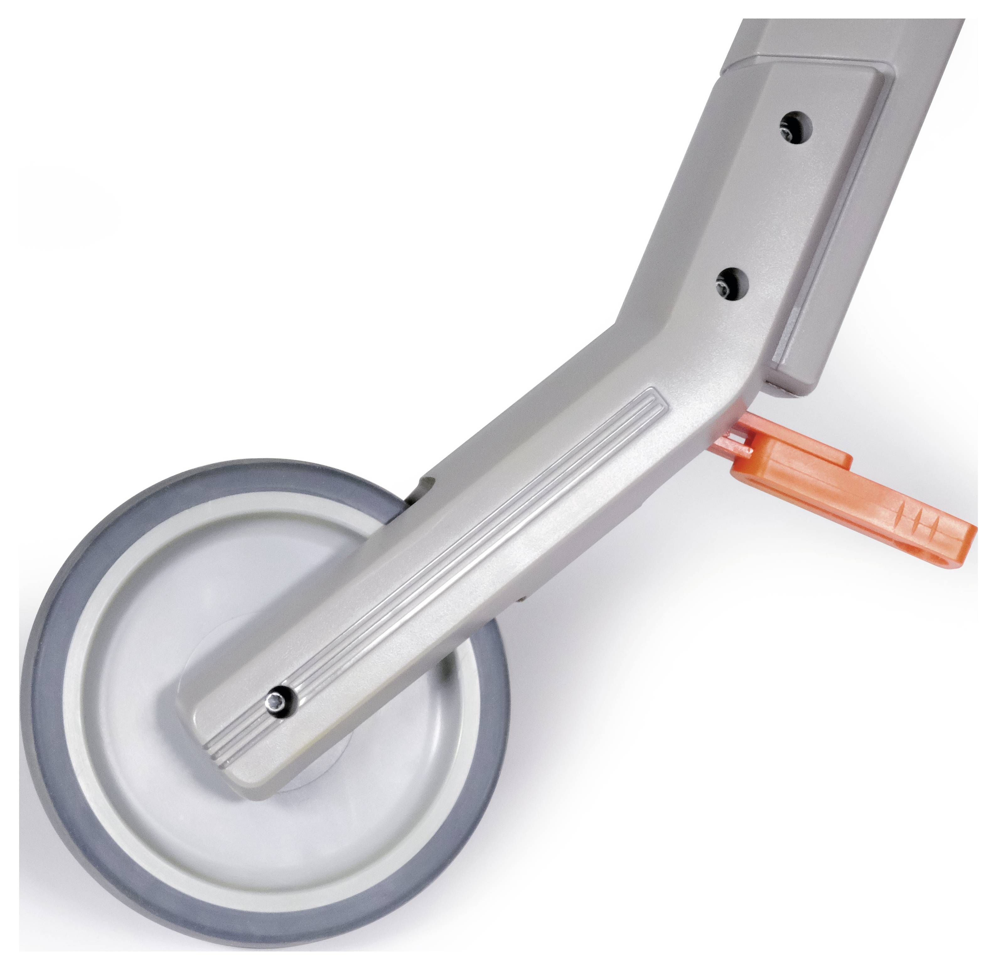 Zbliżenie srebrnej nogi stołu z szarym kółkiem i pomarańczową dźwignią do regulacji wysokości.