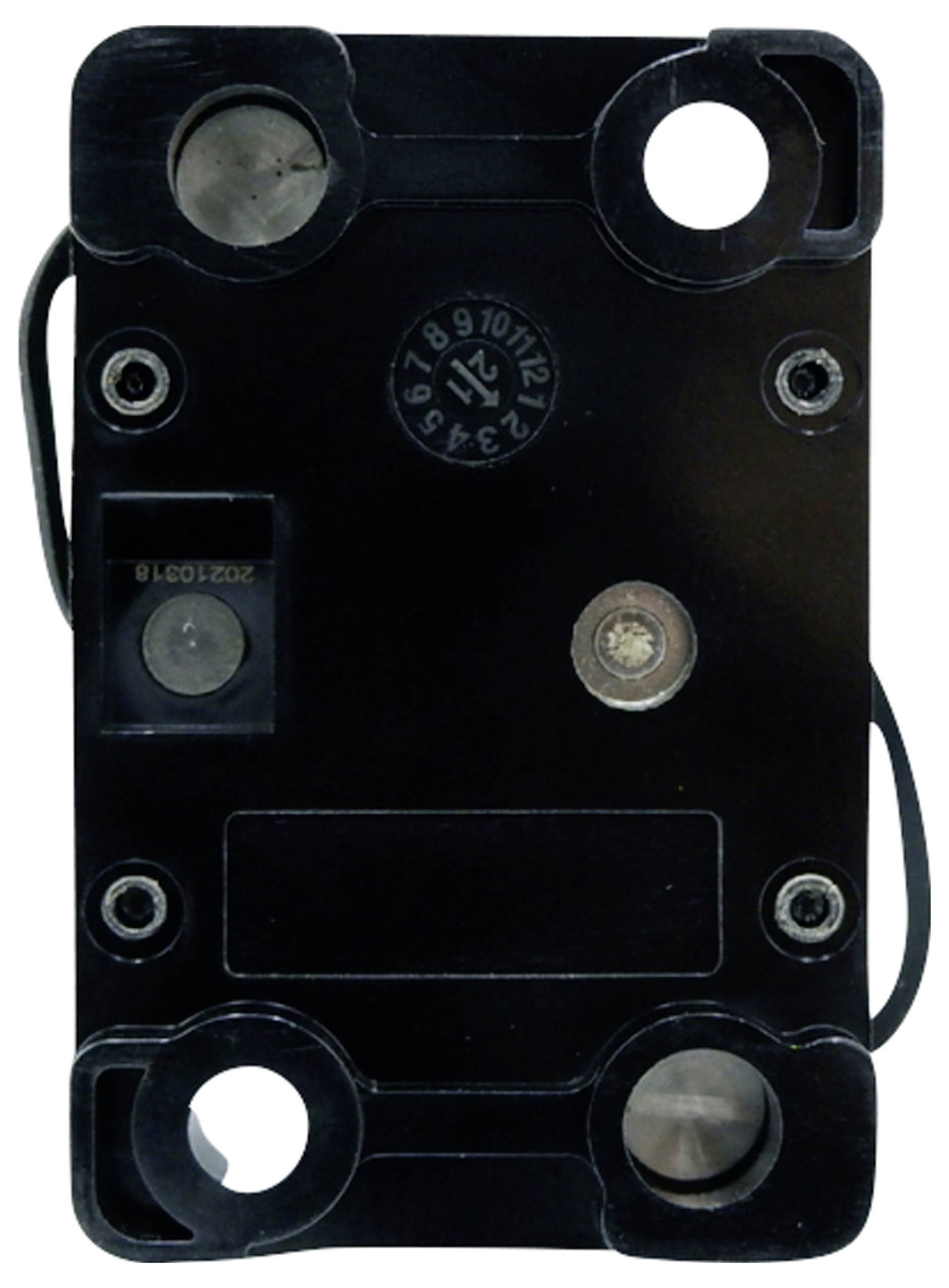 Czarny elektryczny rozdzielacz z czterema otworami mocującymi i centralnym stemplem uszczelniającym.