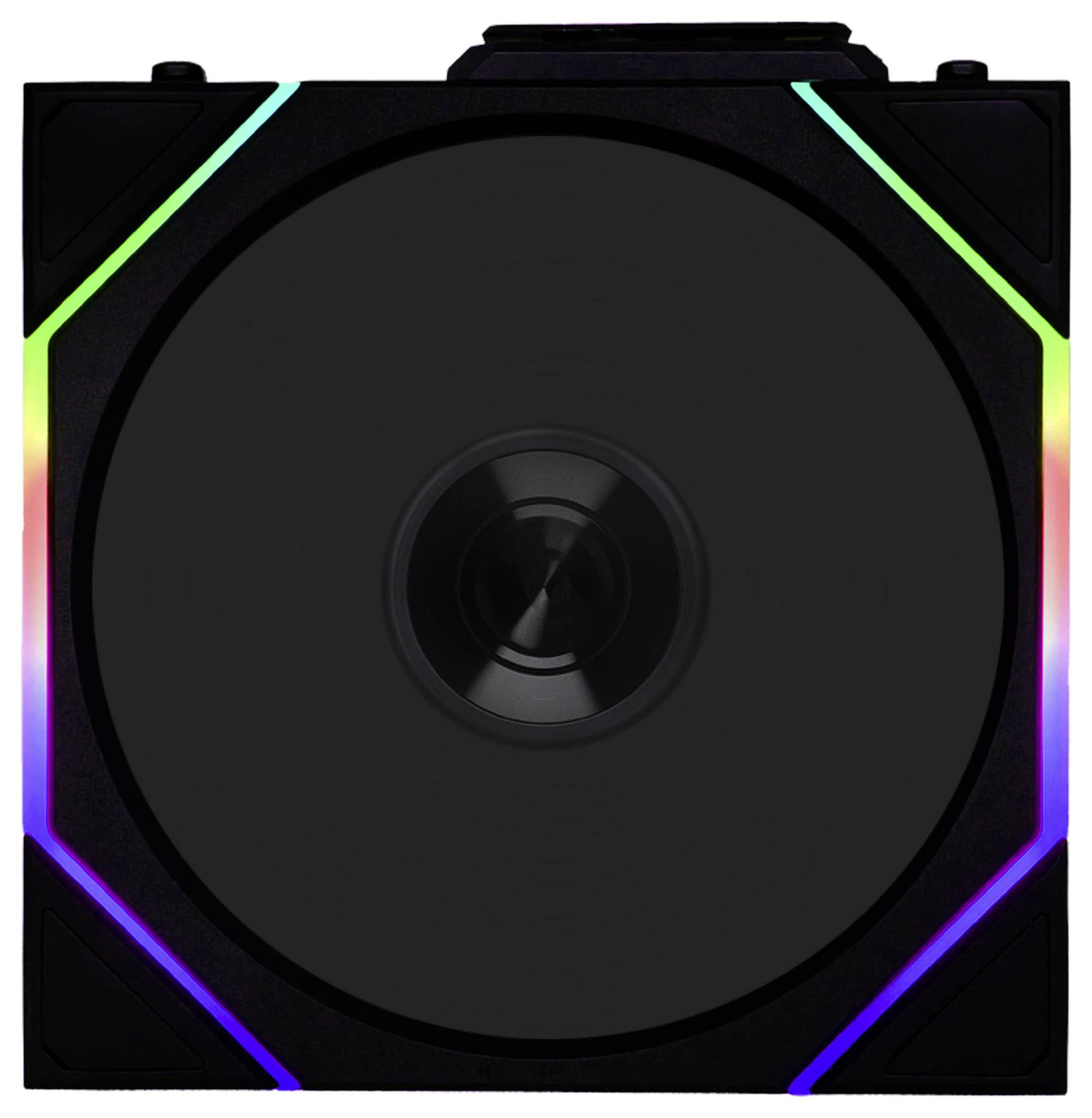 Czarny wentylator komputerowy z podświetlającymi paskami RGB na krawędziach, przeznaczony do obudów PC.