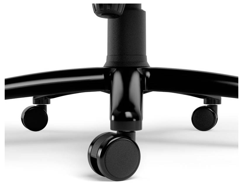 Czarne kółka do krzesła biurowego i dolna podstawa na białym tle.