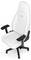 Biały fotel biurowy z czarną ramą i podłokietnikami. Krzesło posiada wysokie oparcie i kółka u podstawy.