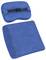 Dwa niebieskie ergonomiczne poduszki siedzeniowe: jedna do podparcia pleców z pasem mocującym, druga do siedzenia, wykonane z miękkiego materiału.