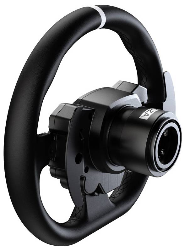 Czarne kierownica o krótkim wieńcu i srebrnych detalach, idealna do symulacji wyścigów samochodowych.