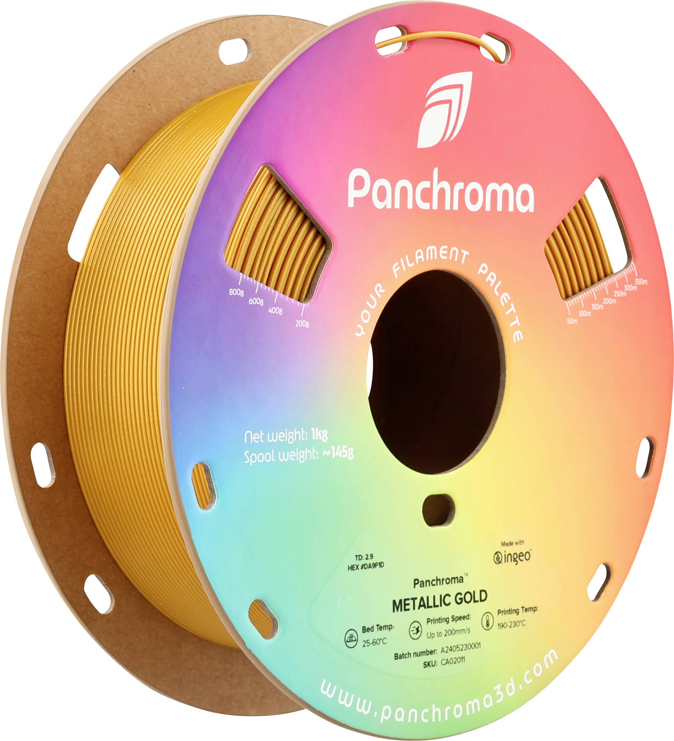 Rolka żółtego filamentu do drukarki 3D od Panchroma w kolorze 'Metallic Gold', na szpuli z wzorem tęczowym.