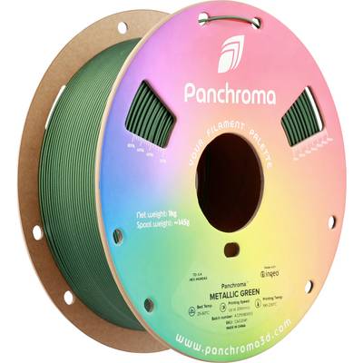 Szpula z zielonym filamentem do drukarki 3D, na której napisane jest 'Panchroma Metallic Green'. Zawiera 1 kg, waga netto 1,145 g.