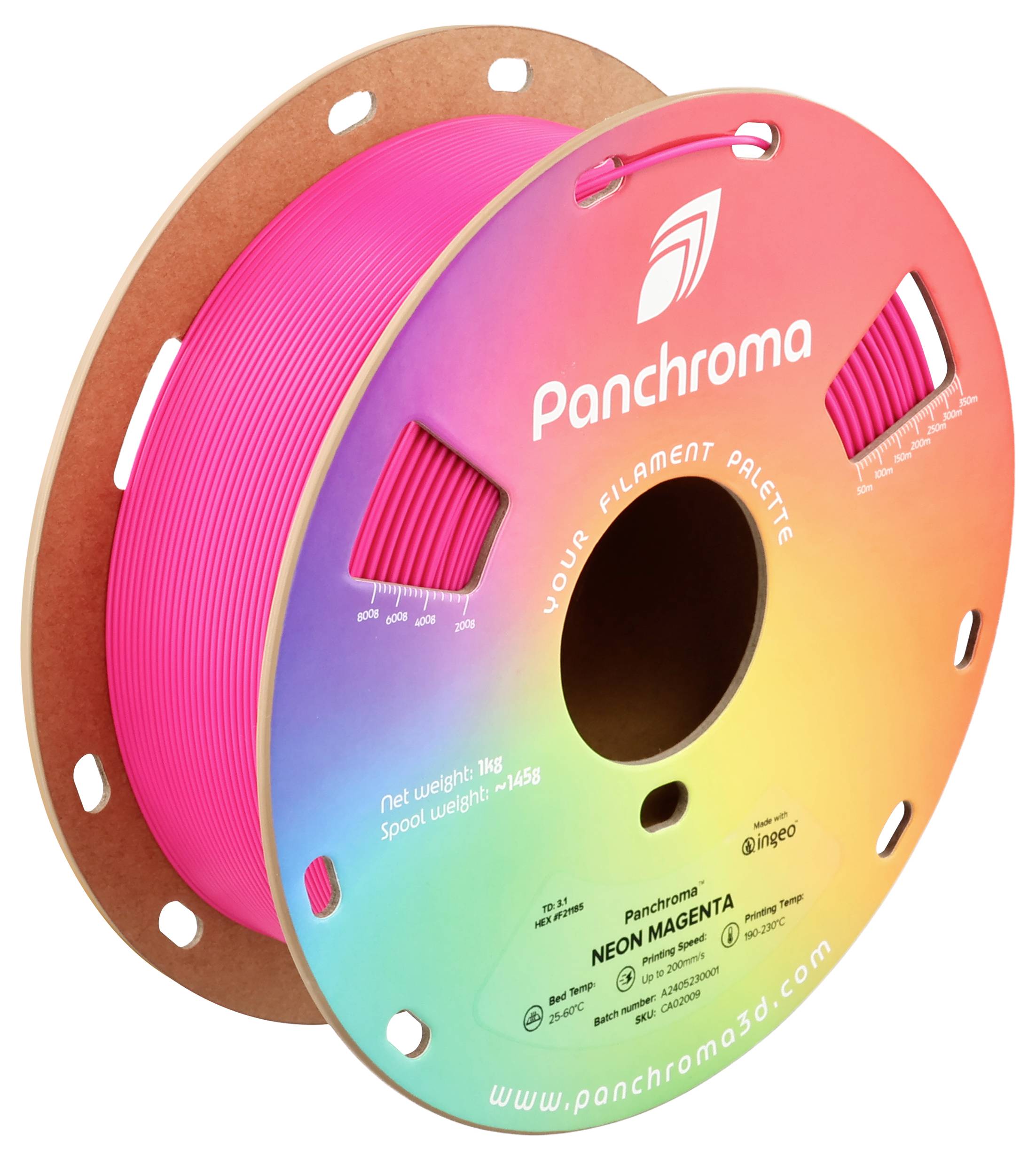 Rolka filamentu do druku 3D marki Panchroma w kolorze neonowym magenta. Rolka przedstawia logo i specyfikacje wagowe producenta.
