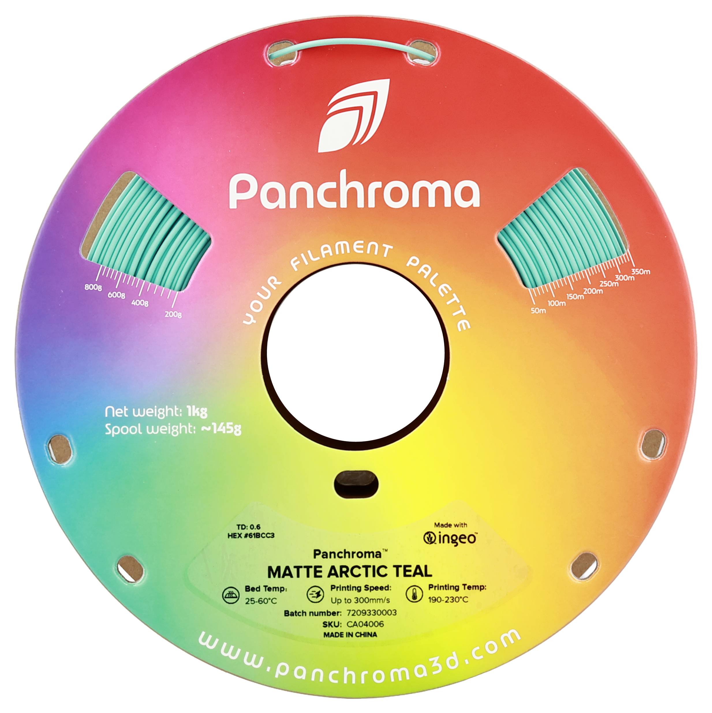 Ilustracja przedstawia kolorową szpulę filamentu z napisem 'Panchroma' i 'Matte Arctic Teal'. Waga: 1 kg. Temperatura: 190-220°C.