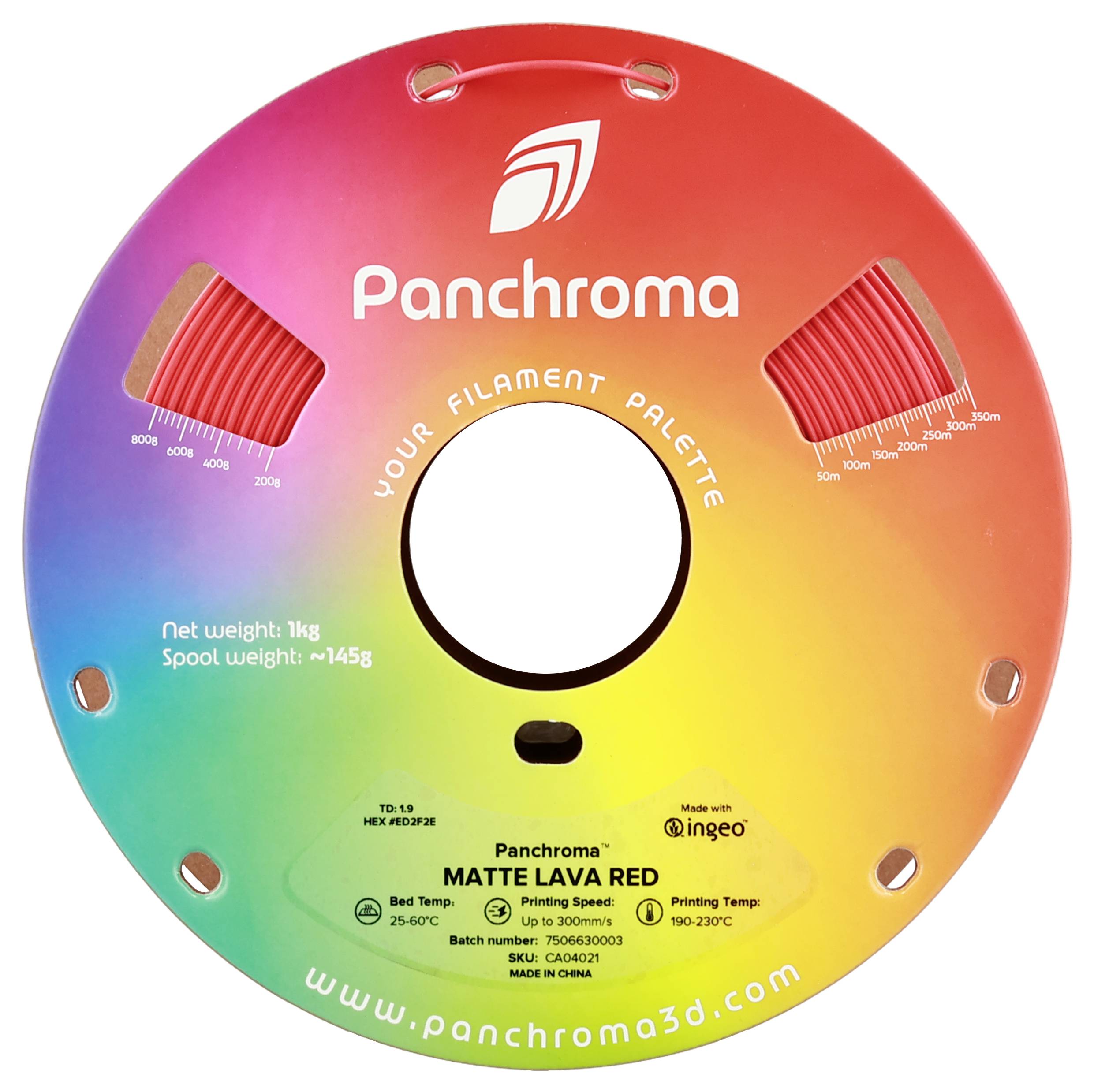 Okrągła szpula z kolorową grafiką gradientową i napisem 'Panchroma Matte Lava Red'. Pokazuje szczegóły filamentu i dane kontaktowe.