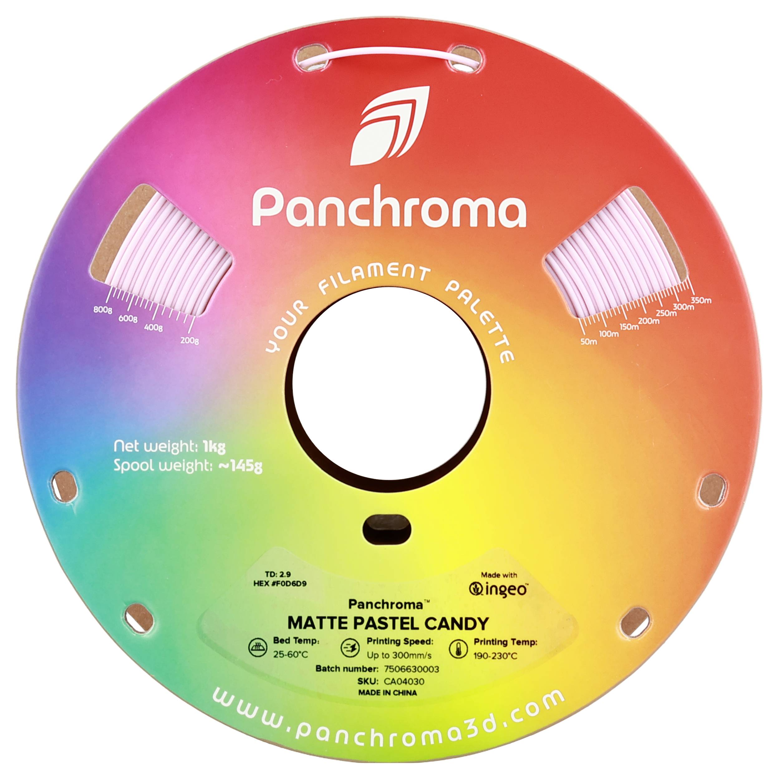 Okrągła szpula z gradientem kolorów od czerwonego do fioletowego. Tekst: 'Panchroma', 'Waga netto: 1kg', 'MATTE PASTEL CANDY', 'www.panchroma3d.com'.