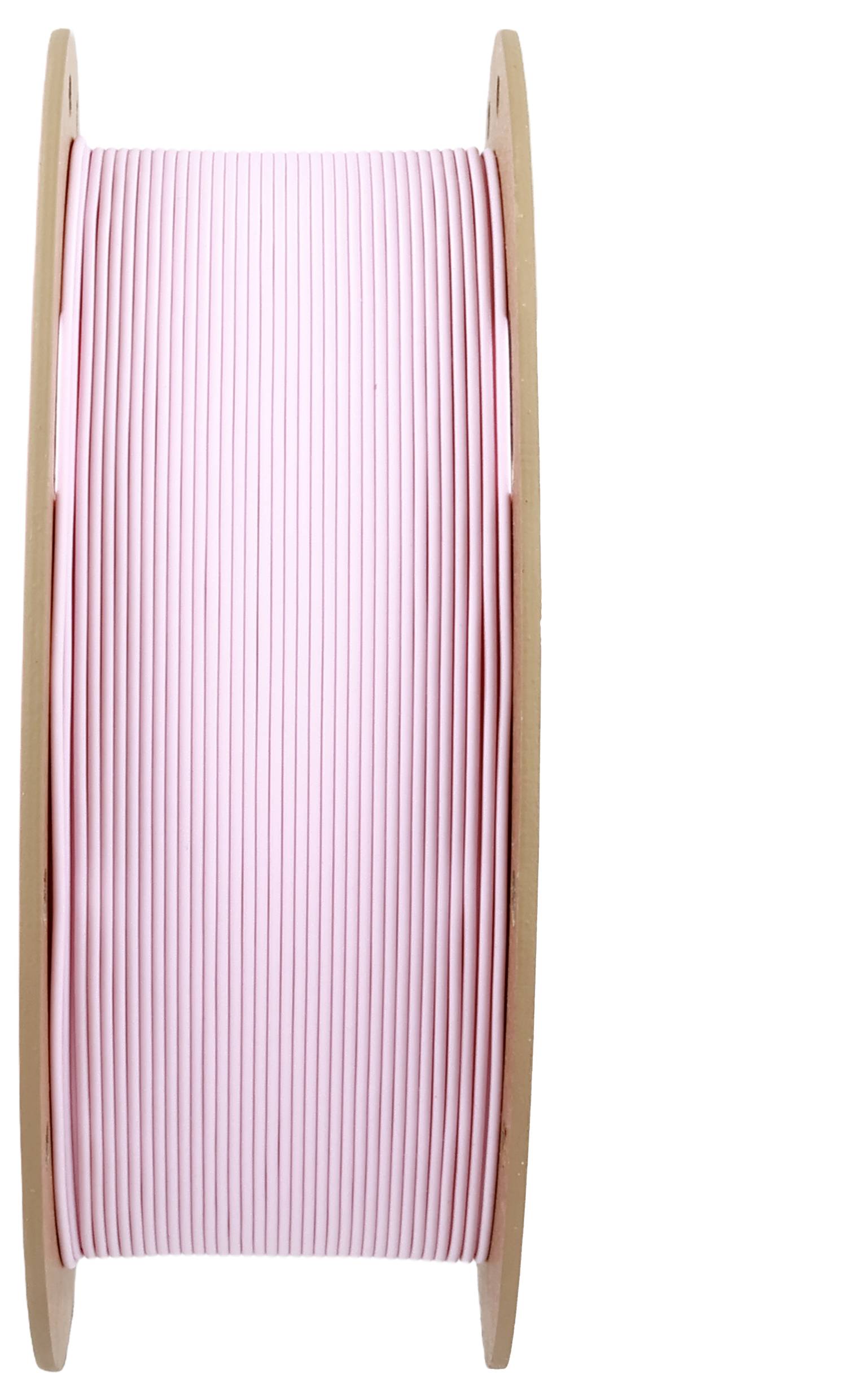 Szpula z różowym plastikowym filamentem, stojąca pionowo. Używana do druku 3D lub podobnych zastosowań.