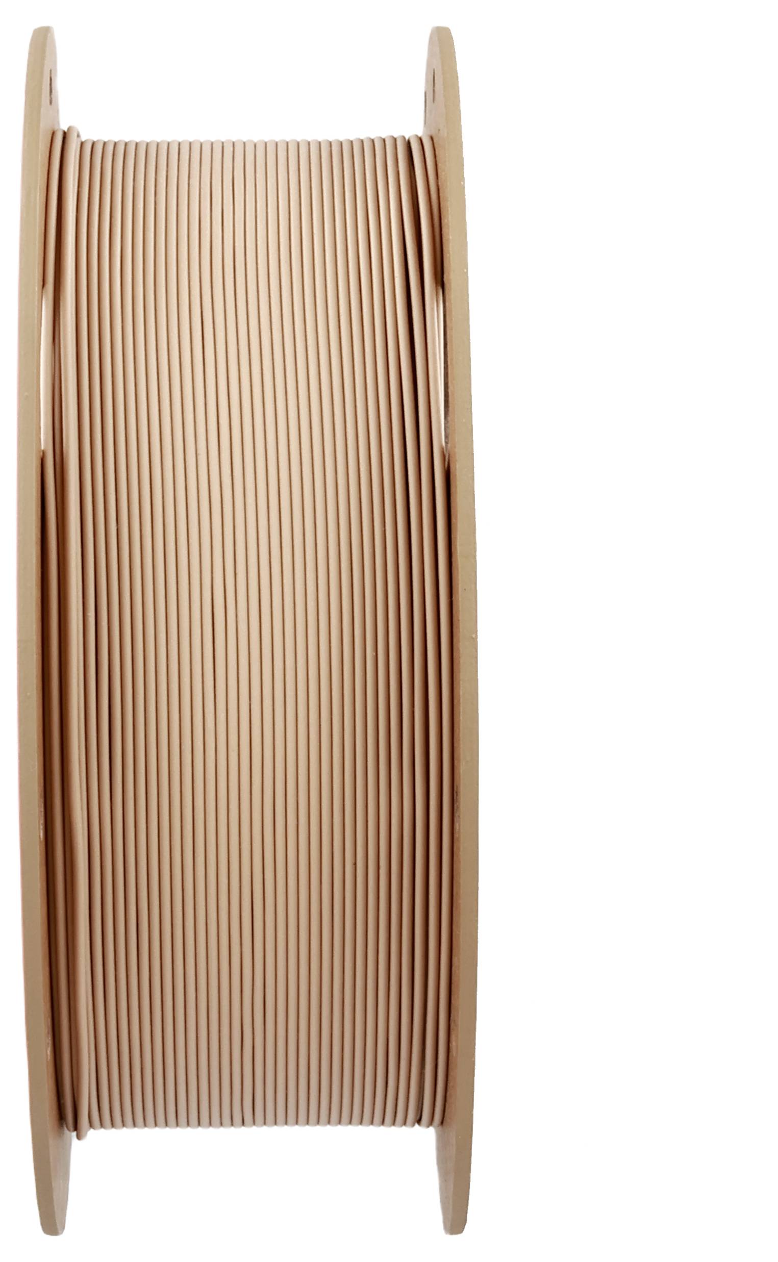 Pionowo przedstawiona plastikowa szpula w kolorze drewna z filamentem.