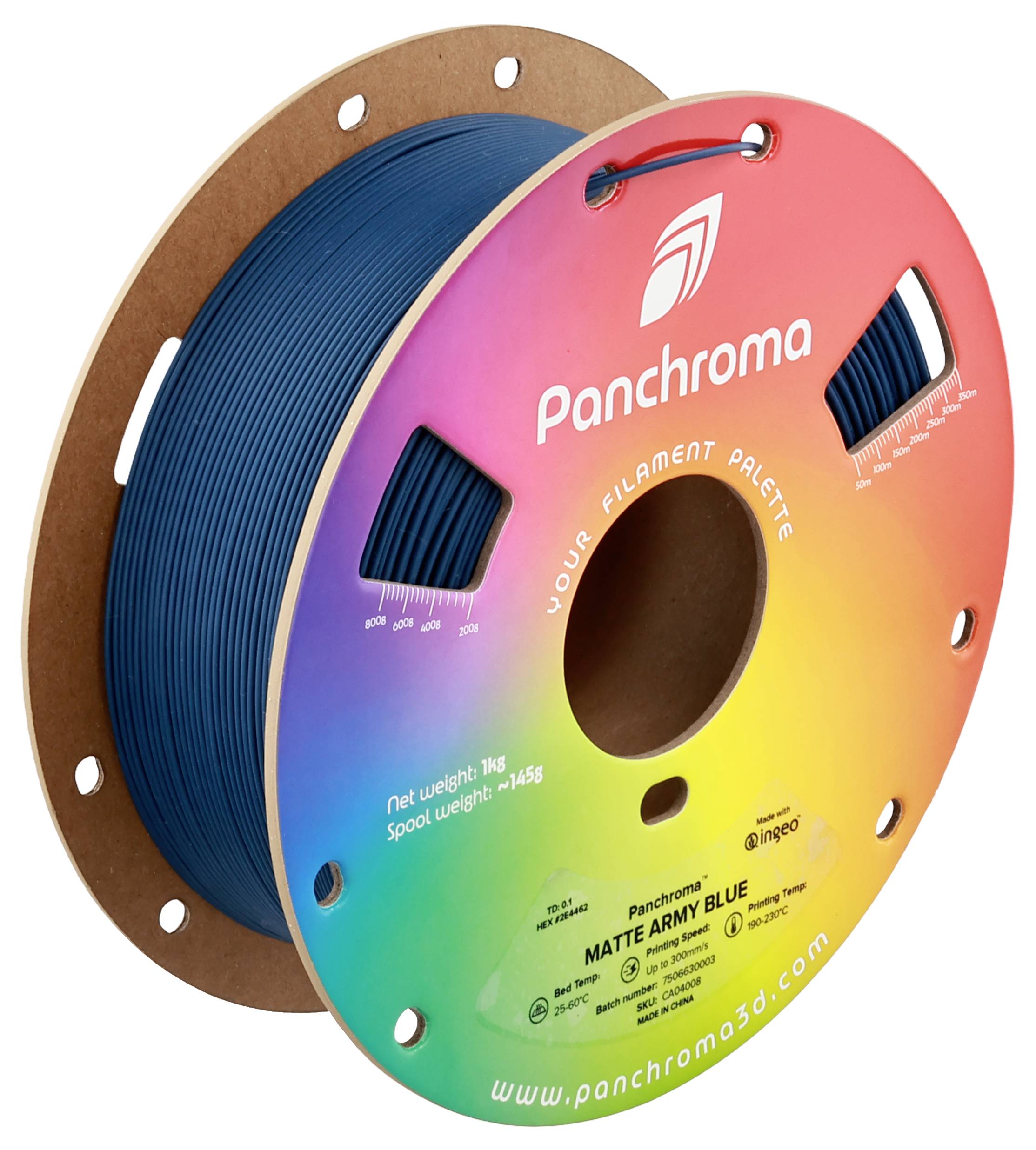 Karton ze szpulą niebieskiego filamentu do druku 3D. Nadruk 'Matte Army Blue', waga: 1,45 kg. Widoczna nazwa marki i strona internetowa.