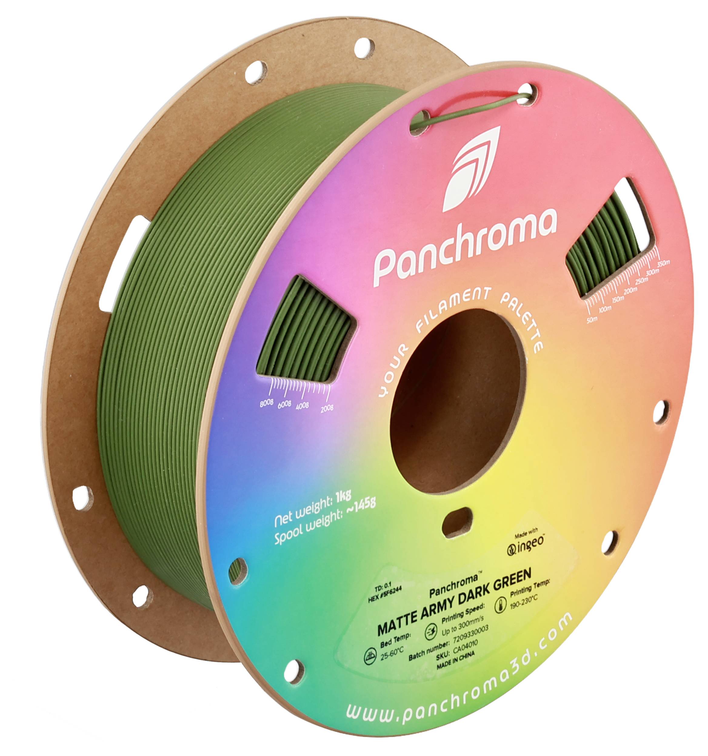 Szpula z filamentem do drukarki 3D w matowym ciemnozielonym kolorze wojskowym od Panchroma, waga 1kg. Opakowanie zaprojektowane w kolorach tęczy.