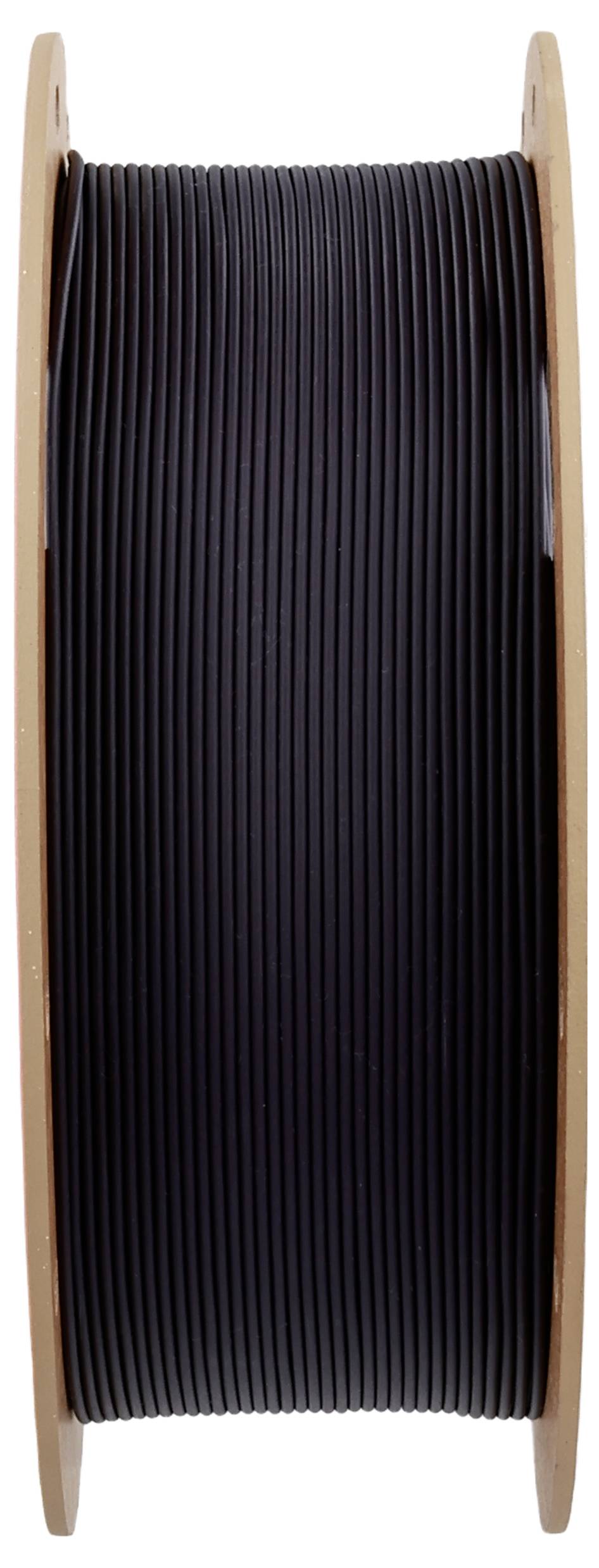 Duża szpula z czarnym kablem lub drutem, równomiernie nawinięta na drewnianym korpusie szpuli.