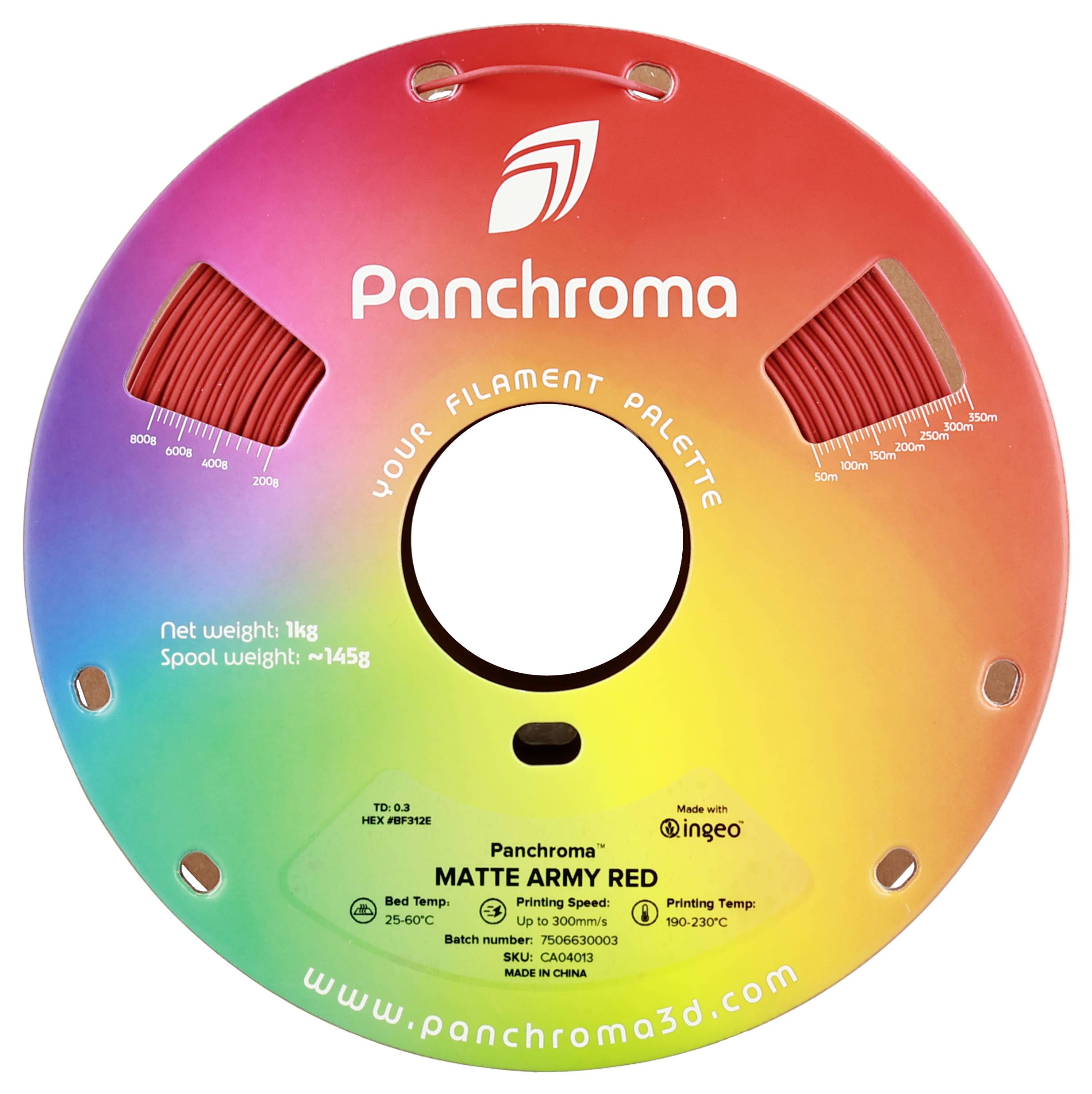 Okrągła szpula filamentu PLA w kolorze 'Matte Army Red' od Panchroma, 1 kg, z gradientem kolorów i wydrukowanymi szczegółami technicznymi.