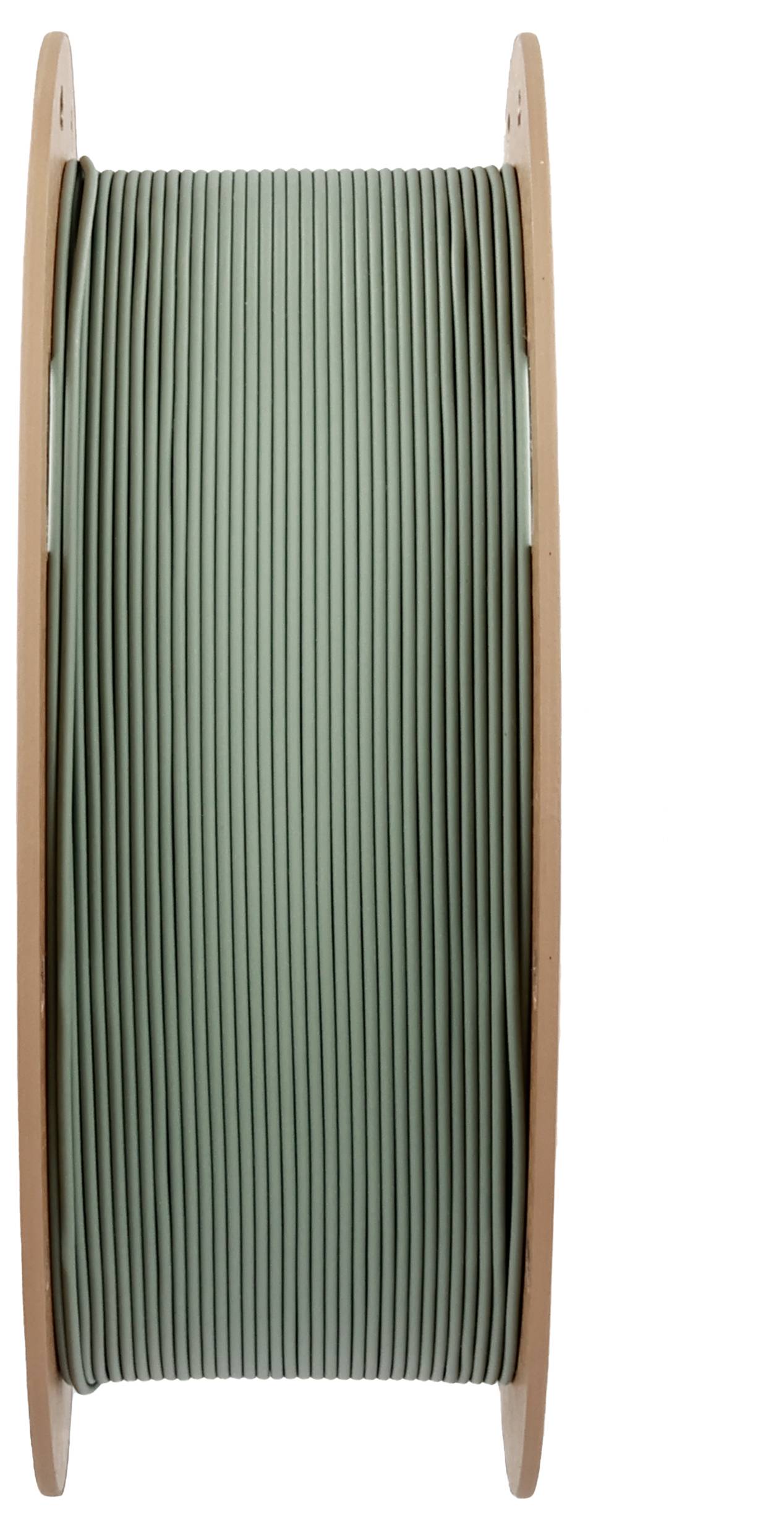 Duża szpula z zielonym kablem, sfotografowana z boku.