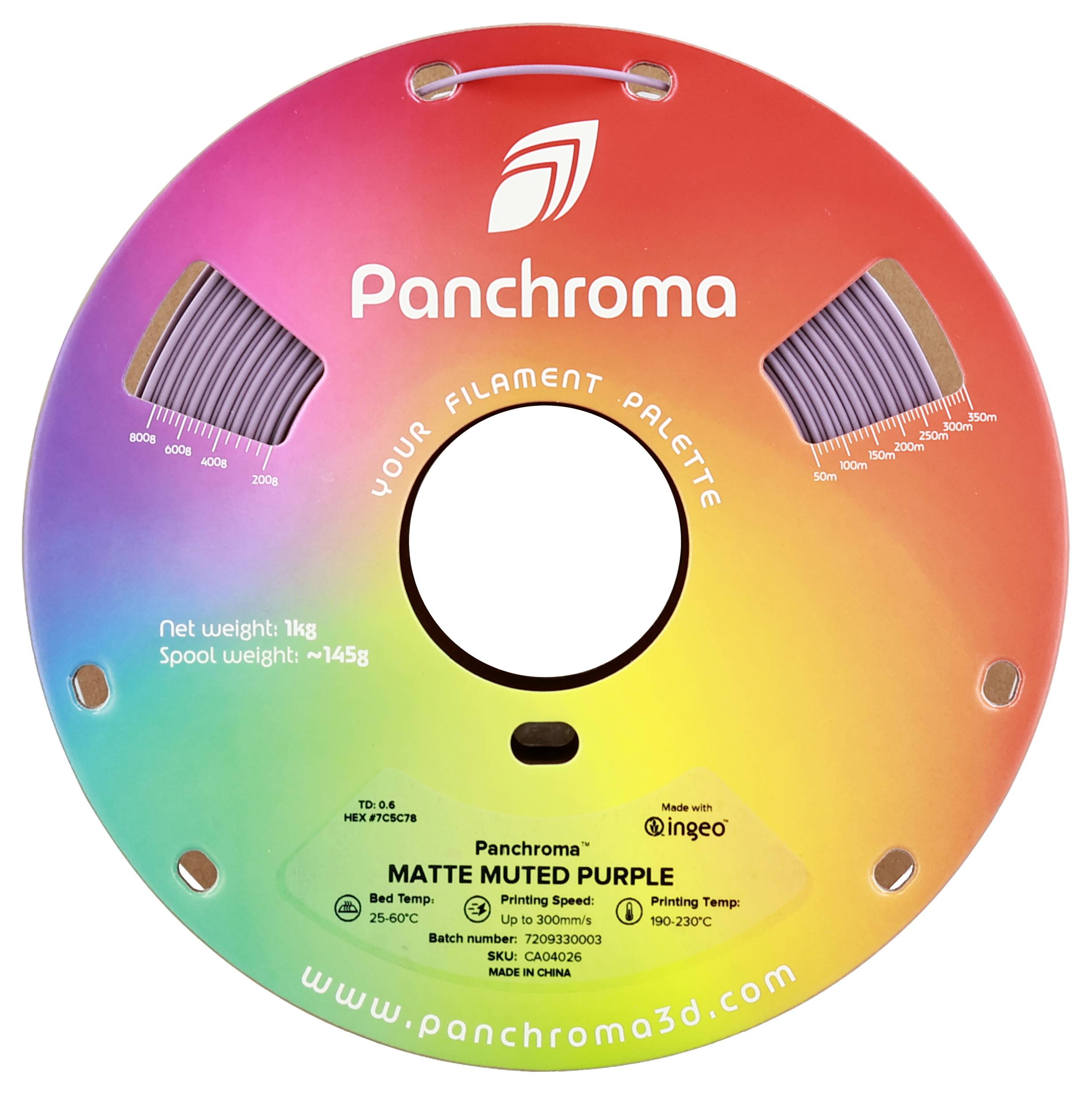 Kolorowa szpula filamentu z tekstem: 'Panchroma, Twoja paleta filamentów'. Podane są szczegóły takie jak waga i temperatury drukowania.