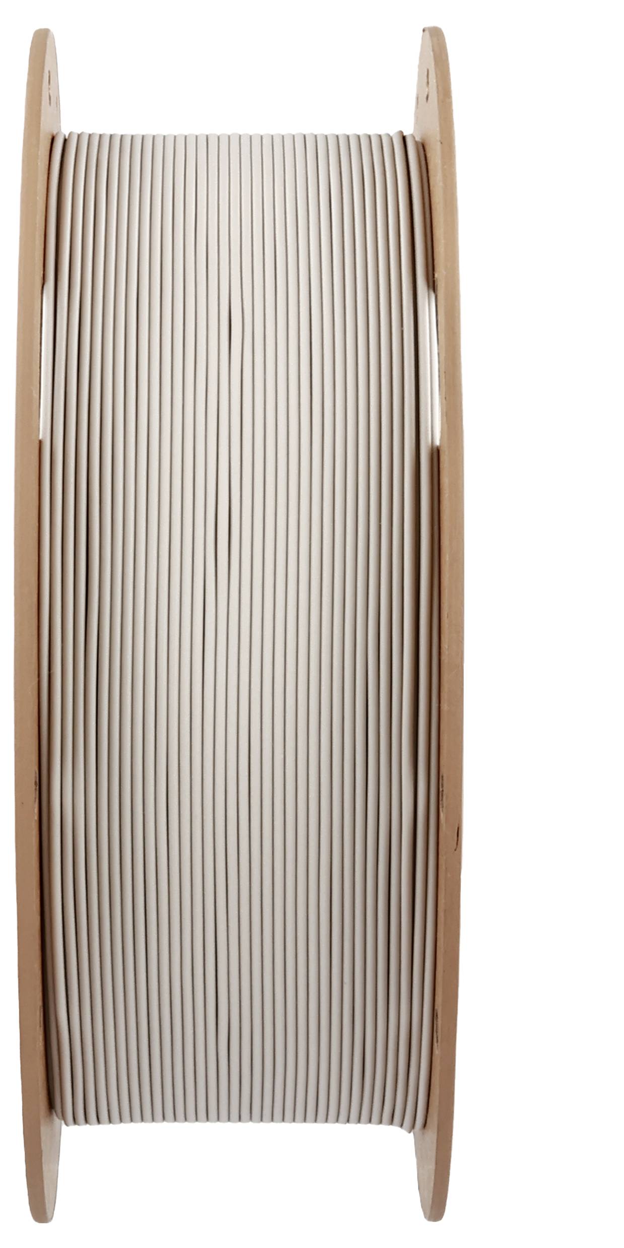 Duża drewniana szpula z nawiniętym białym kablem.