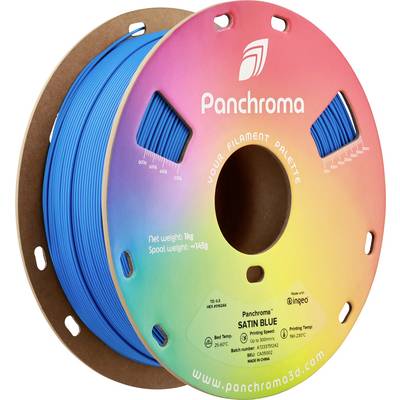Szpula z niebieskim filamentem do drukarki 3D. Etykieta 'Panchroma Satin Blue', waga netto 1 kg, waga szpuli ok. 145 g, od panchroma3d.com.
