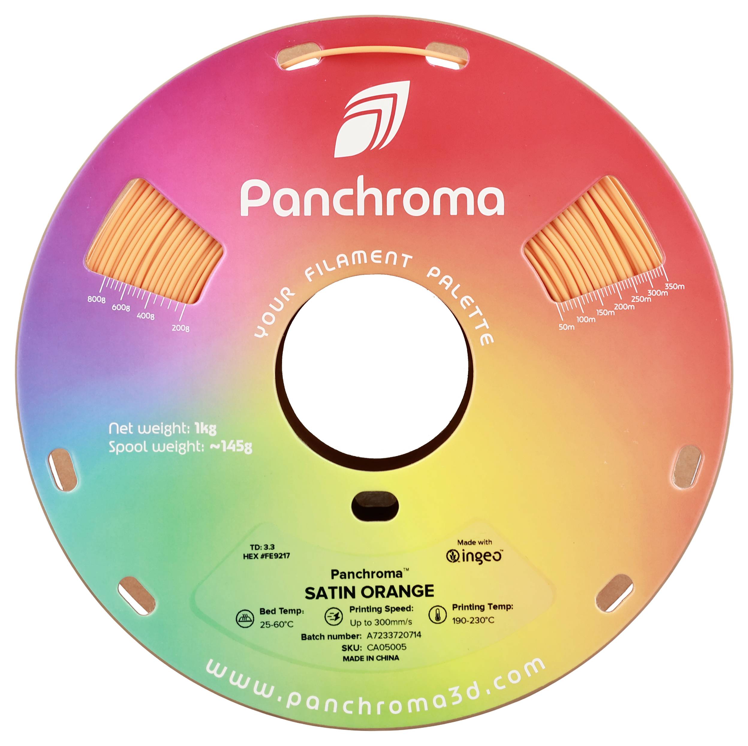 Szpula z tęczowym filamentem do druku 3D marki 'Panchroma', 1 kg wagi netto, do temperatur drukowania między 190-230°C.