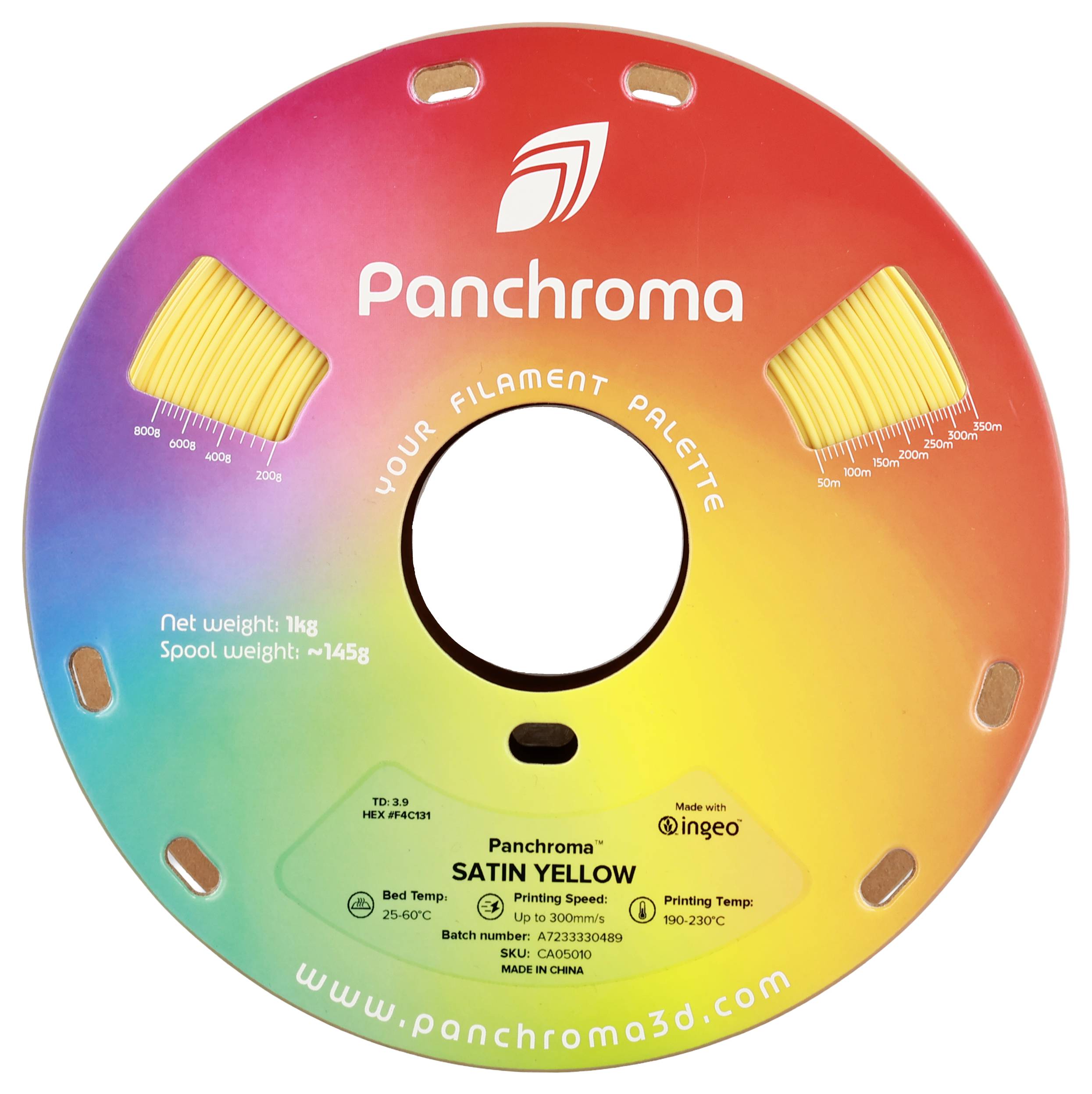 Szpula z filamentem do druku 3D marki Panchroma w kolorze 'Satin Yellow'. Waga netto: 1 kg, pozostała waga: 145 g.