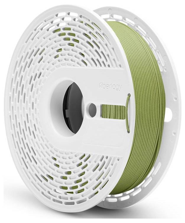 Szpula z zielonym filamentem do druku 3D; widoczny napis marki 'Fiberlogy'.