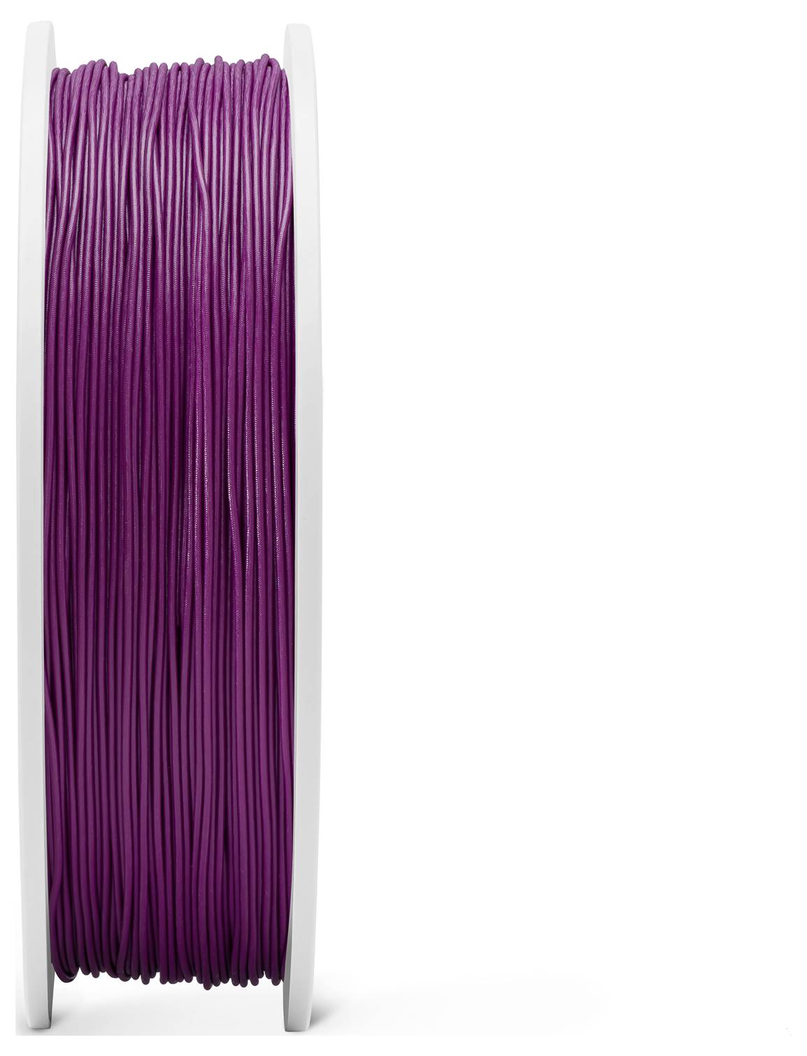 Fioletowa szpula filamentu do drukarki 3D z białą krawędzią, ustawiona pionowo.