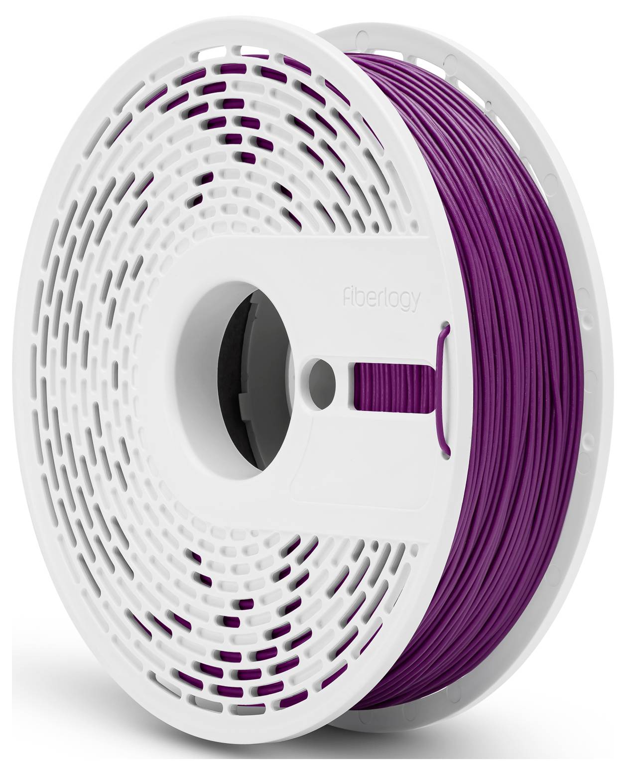 Rolka fioletowego filamentu z tworzywa sztucznego do drukarki 3D, pokazana z boku.