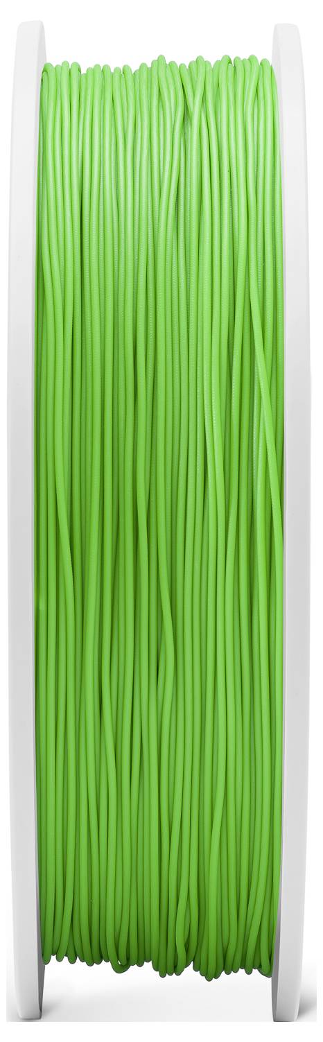 Zielona szpula z filamentem do drukarki 3D, gęsto nawinięta między dwoma białymi krawędziami.