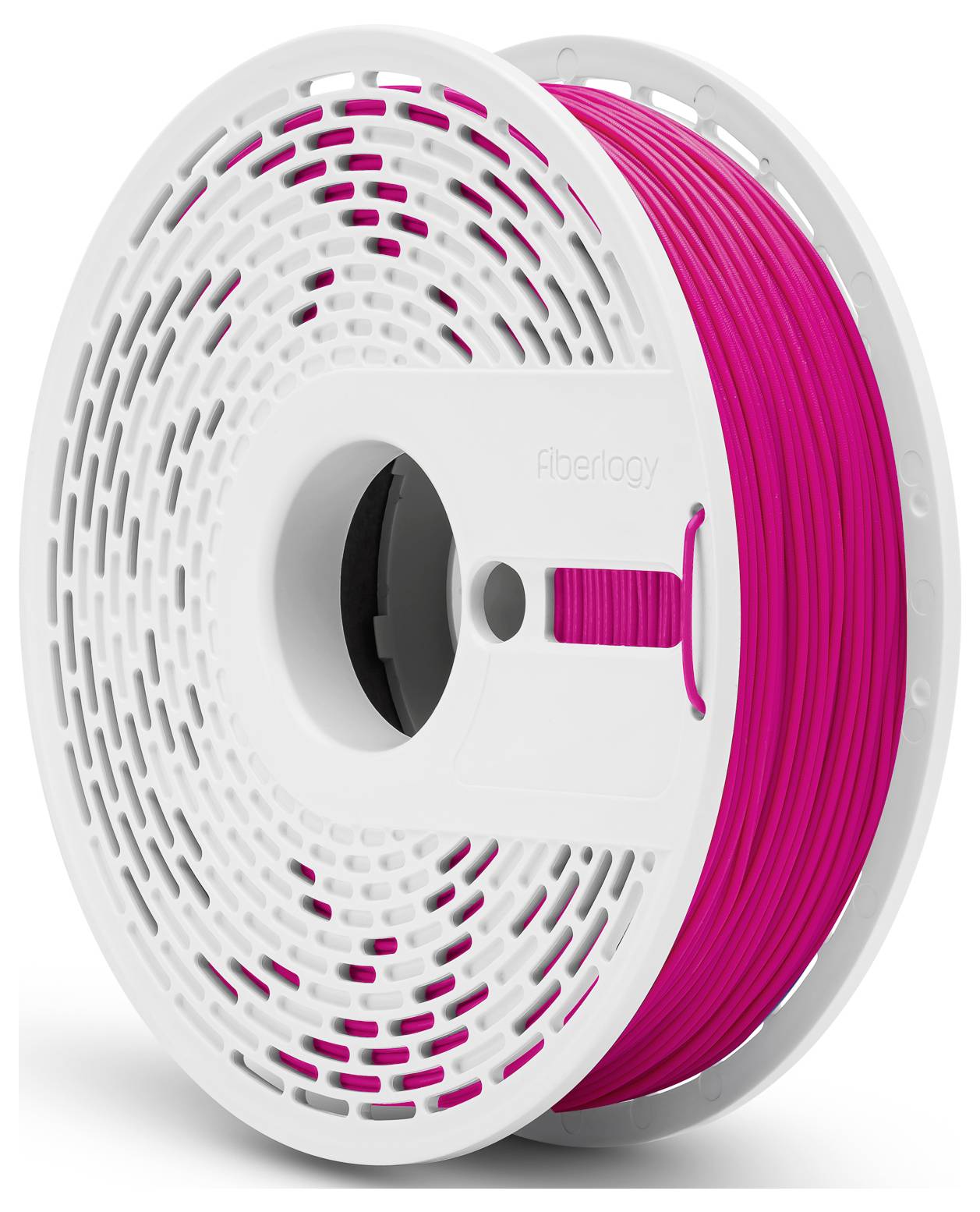 Biała plastikowa szpulka z jaskrawą różową nicią, typowo używana do drukarek 3D.