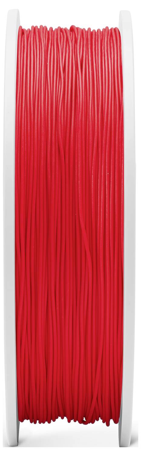 Czerwona rolka filamentu do drukarki 3D z bliska, ustawiona pionowo.