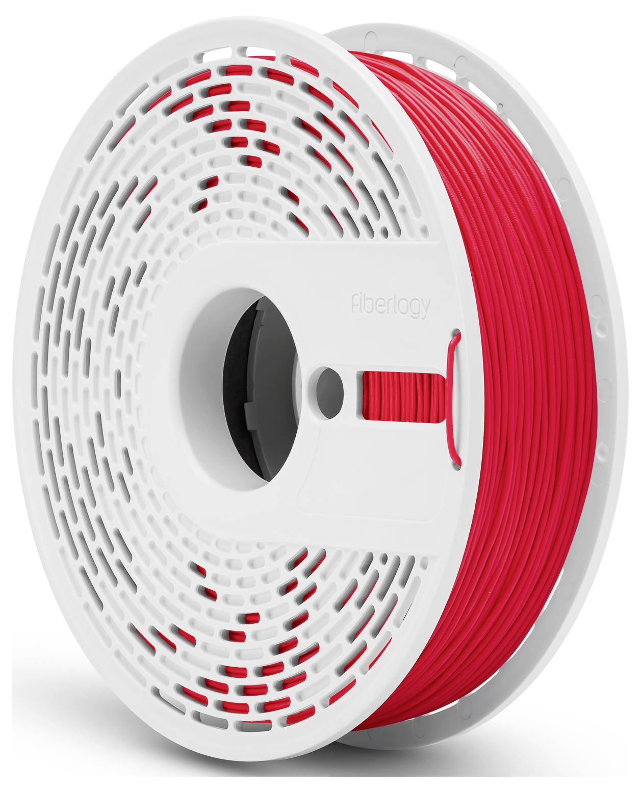 Biała szpula z czerwonym filamentem do drukarki 3D firmy Fiberlogy.