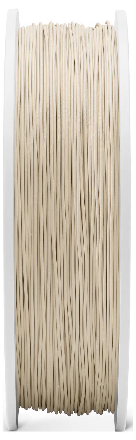 Szpula z beżowym filamentem do drukarki 3D, stojąca pionowo, na białym tle.
