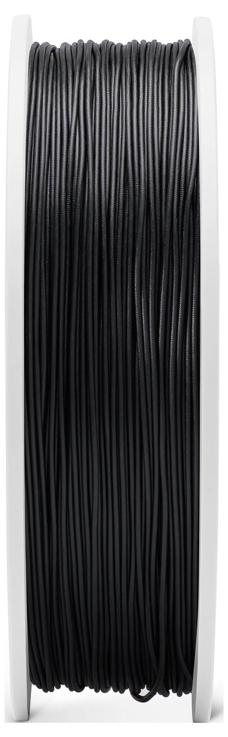 Czarna plastikowa szpula w okrągłym, białym uchwycie; używana do drukarek 3D lub podobnych maszyn.